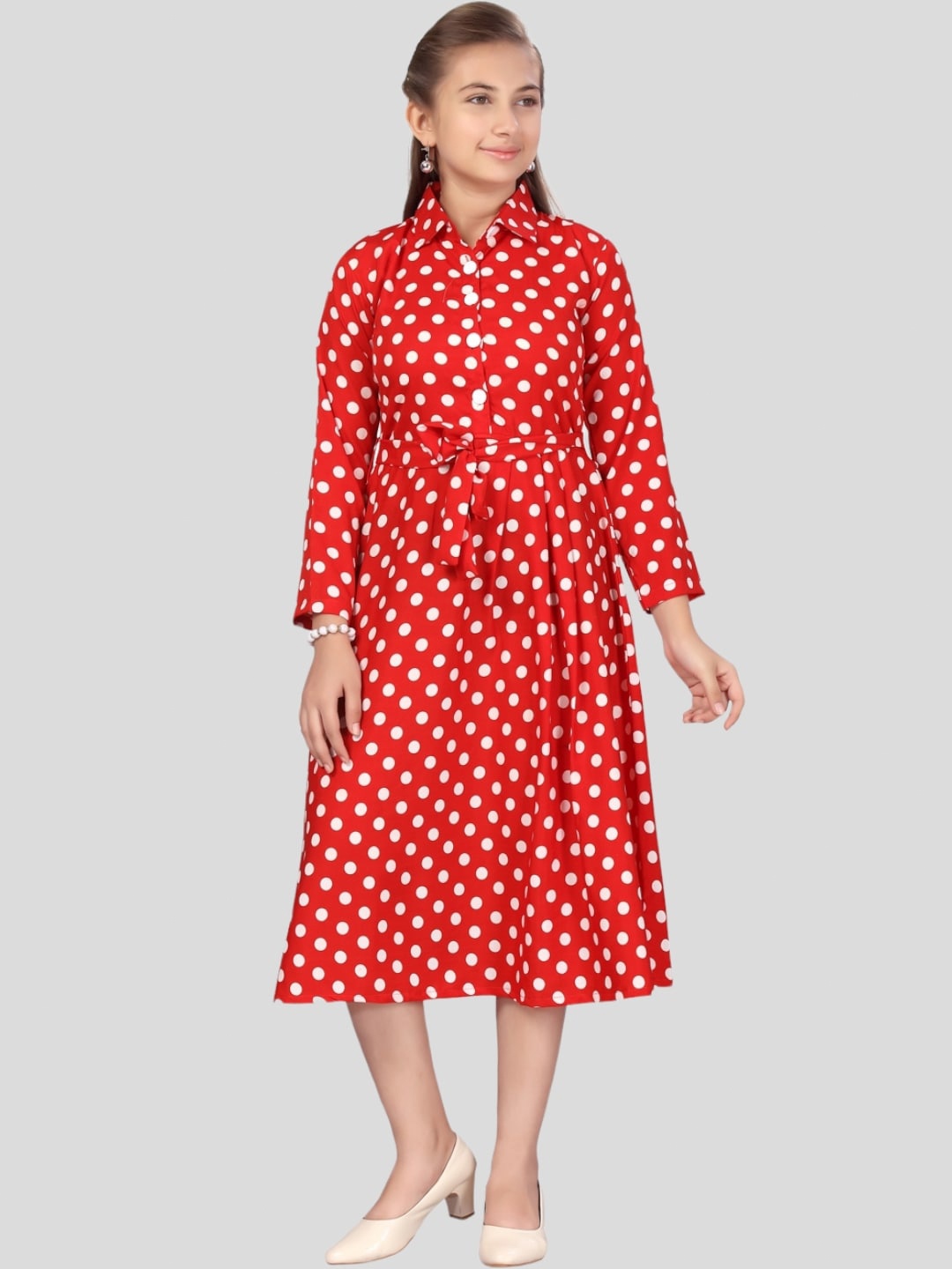 

Aarika Polka Dot Printed Shirt Collar Midi Dress, Red