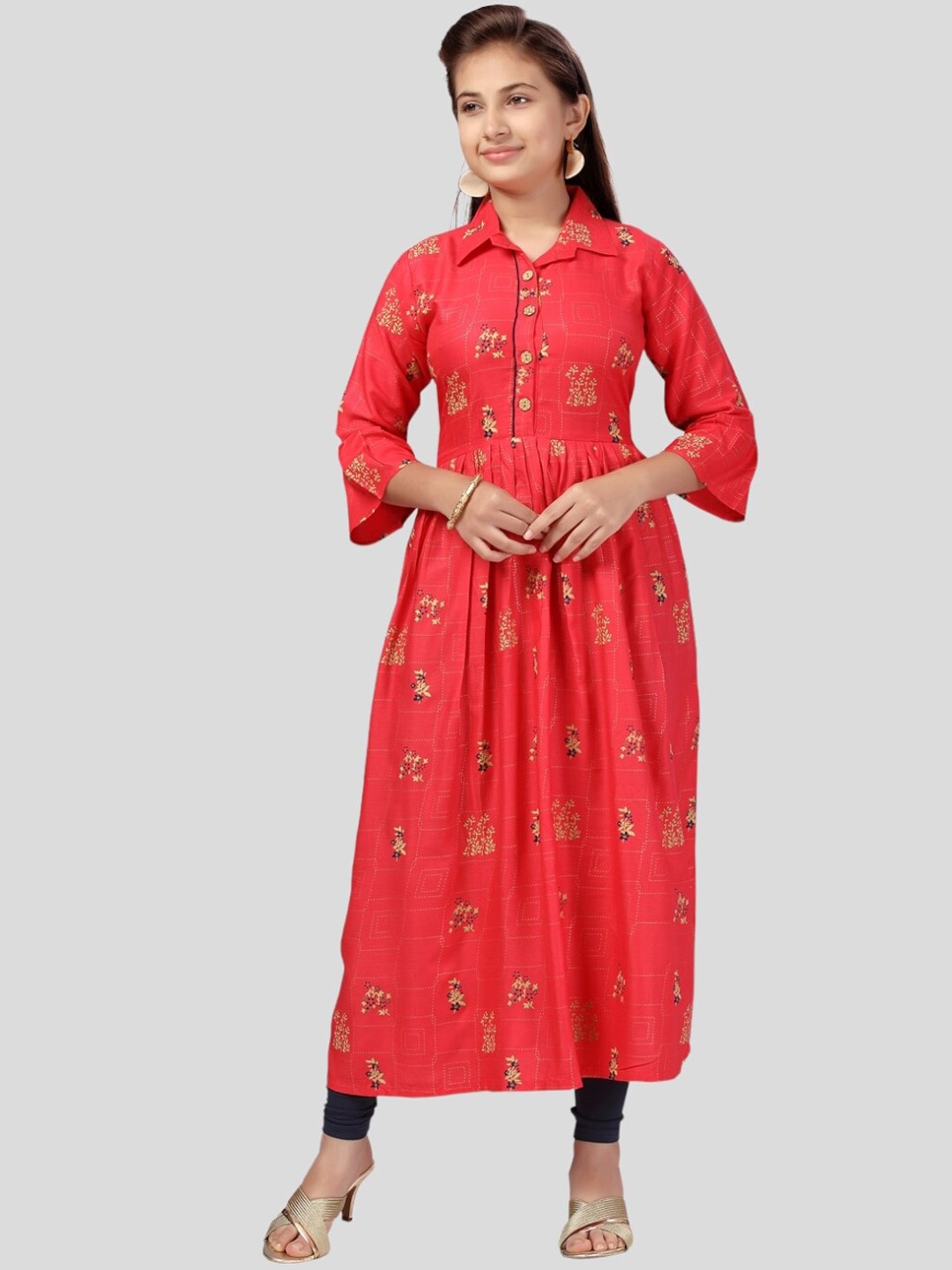 

Aarika Girls Floral Printed Flared Sleeves Thread Work Anarkali Cotton Kurta, Red