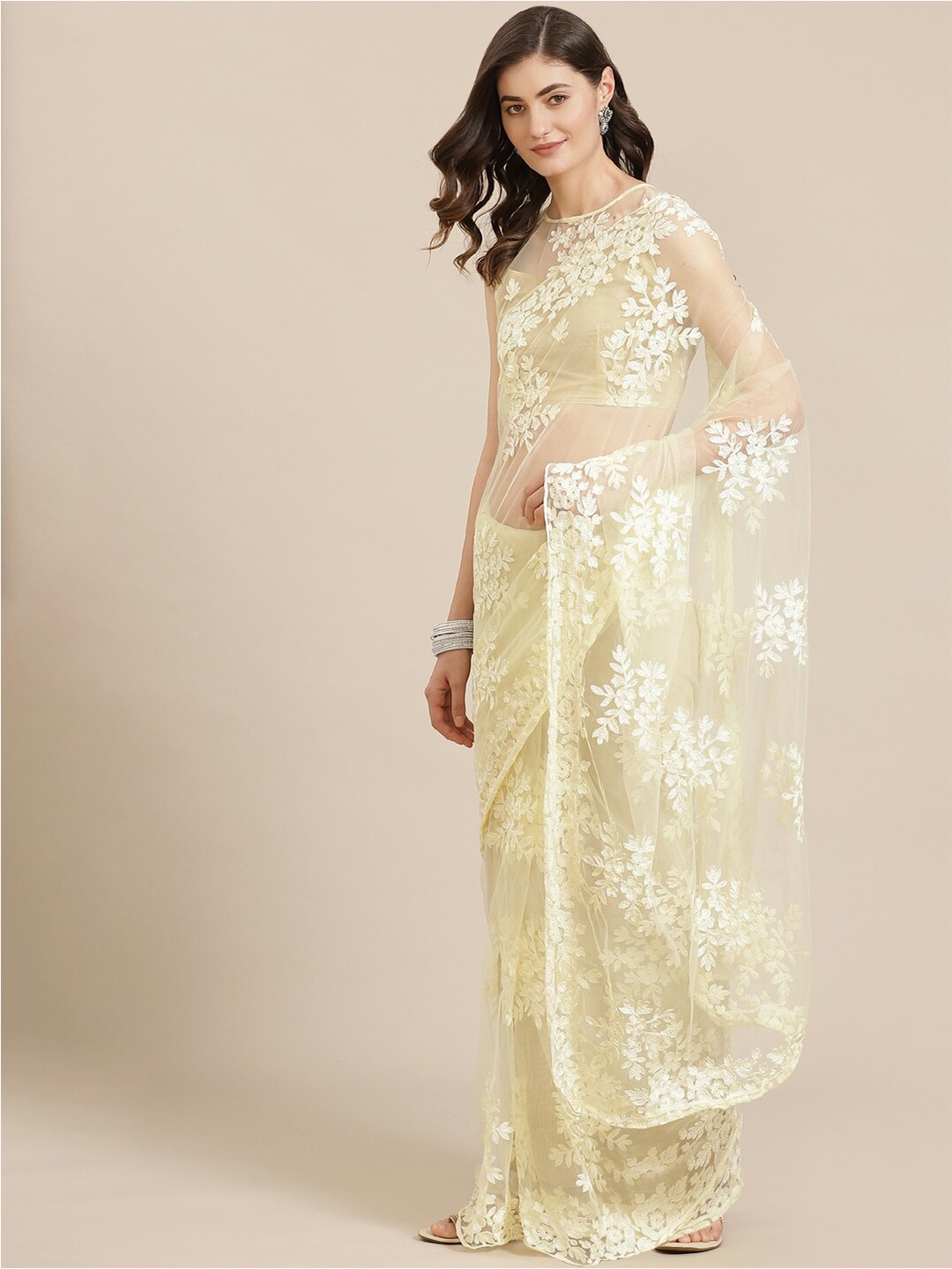 

GAJARAI Floral Embroidered Net Saree, Yellow