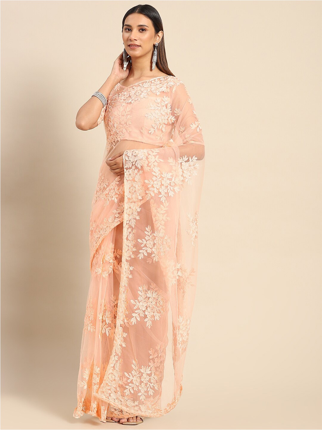 

GAJARAI Floral Embroidered Net Saree, Peach
