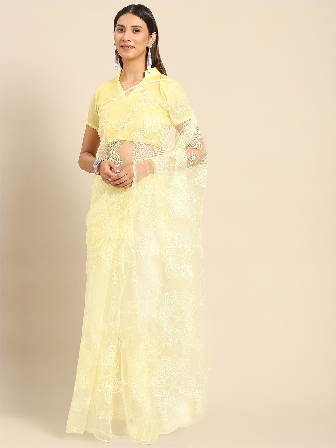 

GAJARAI Floral Embroidered Net Saree, Yellow