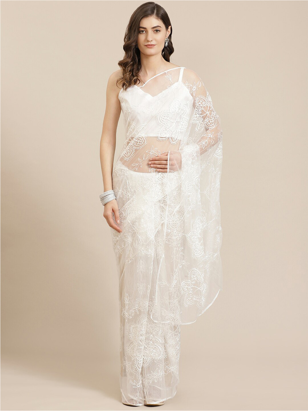 

GAJARAI Floral Embroidered Net Saree, White