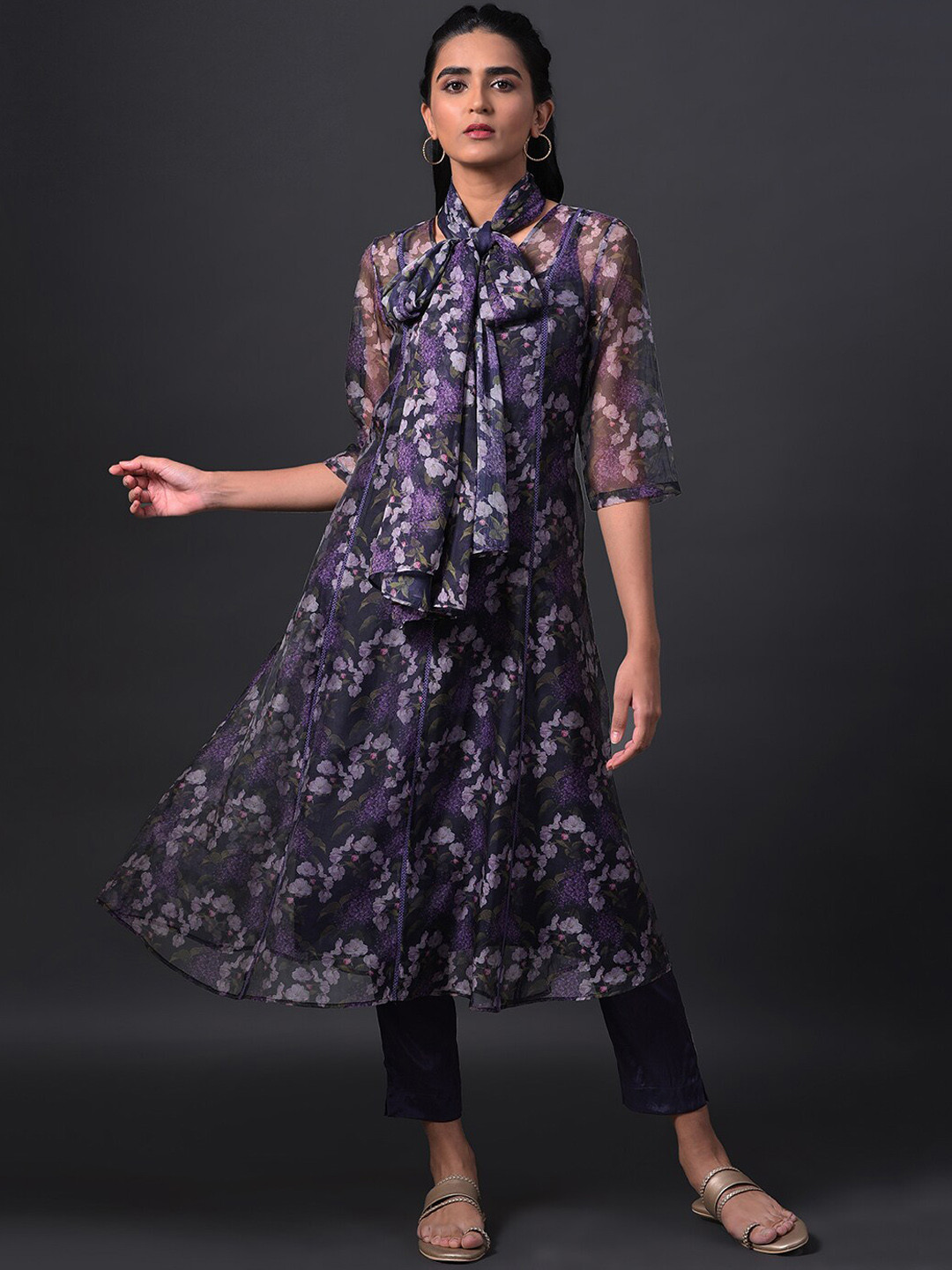 

W Women Floral Printed Kurta with Solid Slip, Slim Pants and Dupatta, Purple