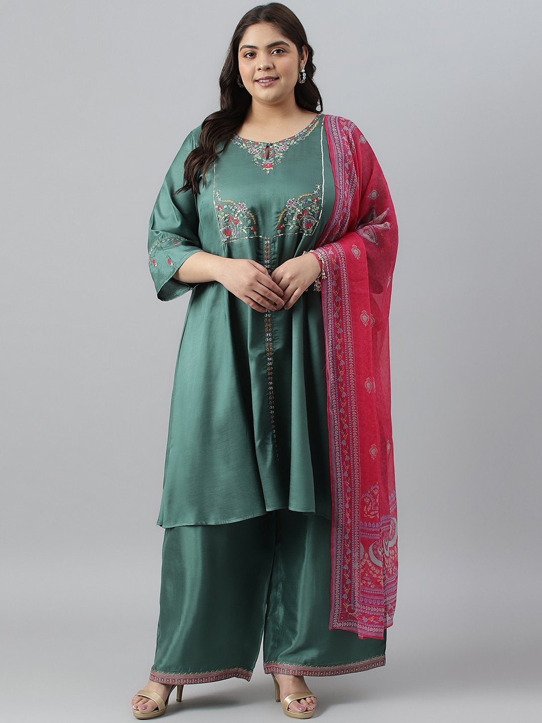 

W Women Embroidered Thread Work Kurta with Palazzos & With Dupatta, Green