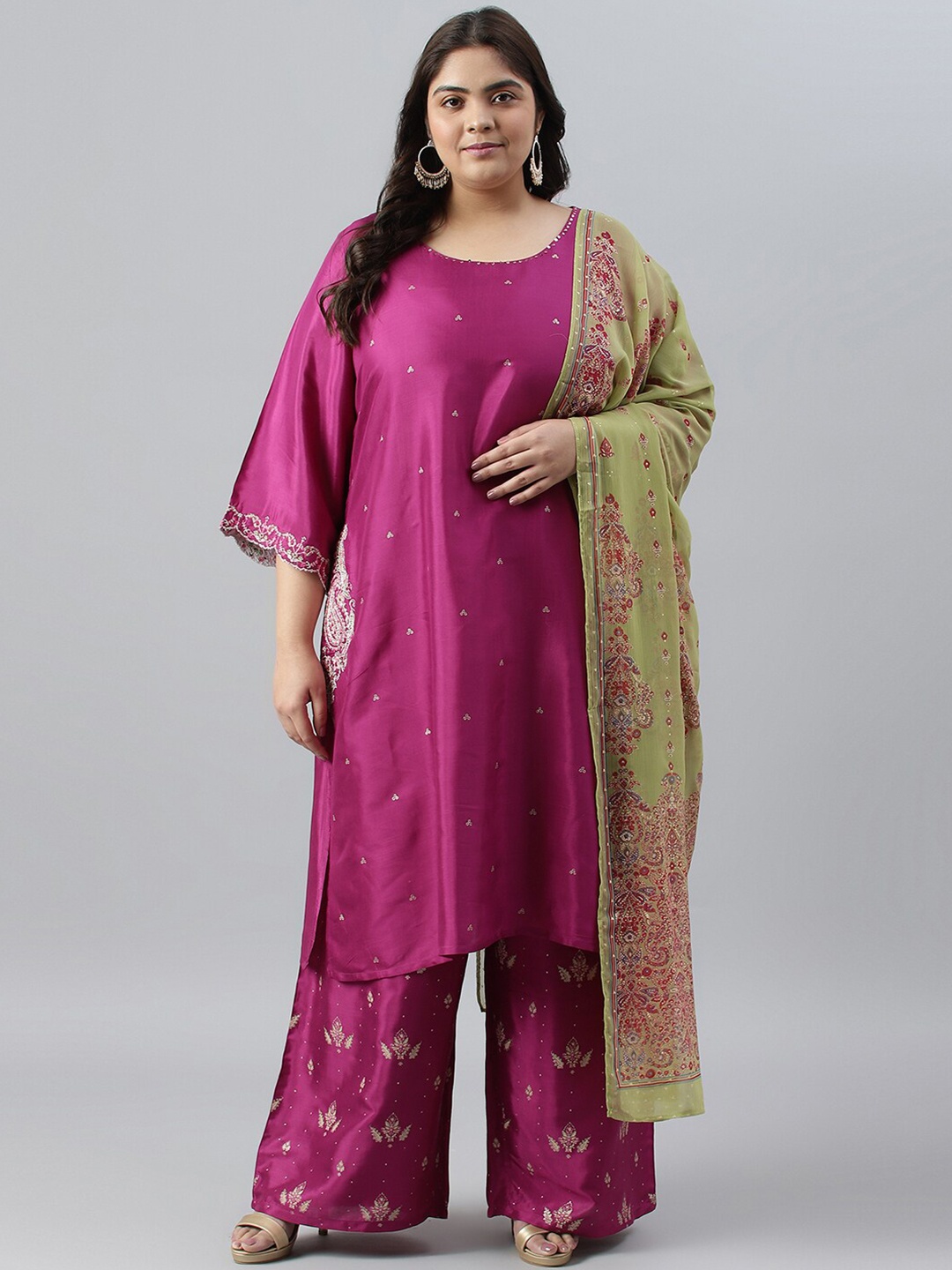 

W Women Floral Embroidered Sequinned Kurta with Palazzos & With Dupatta, Purple