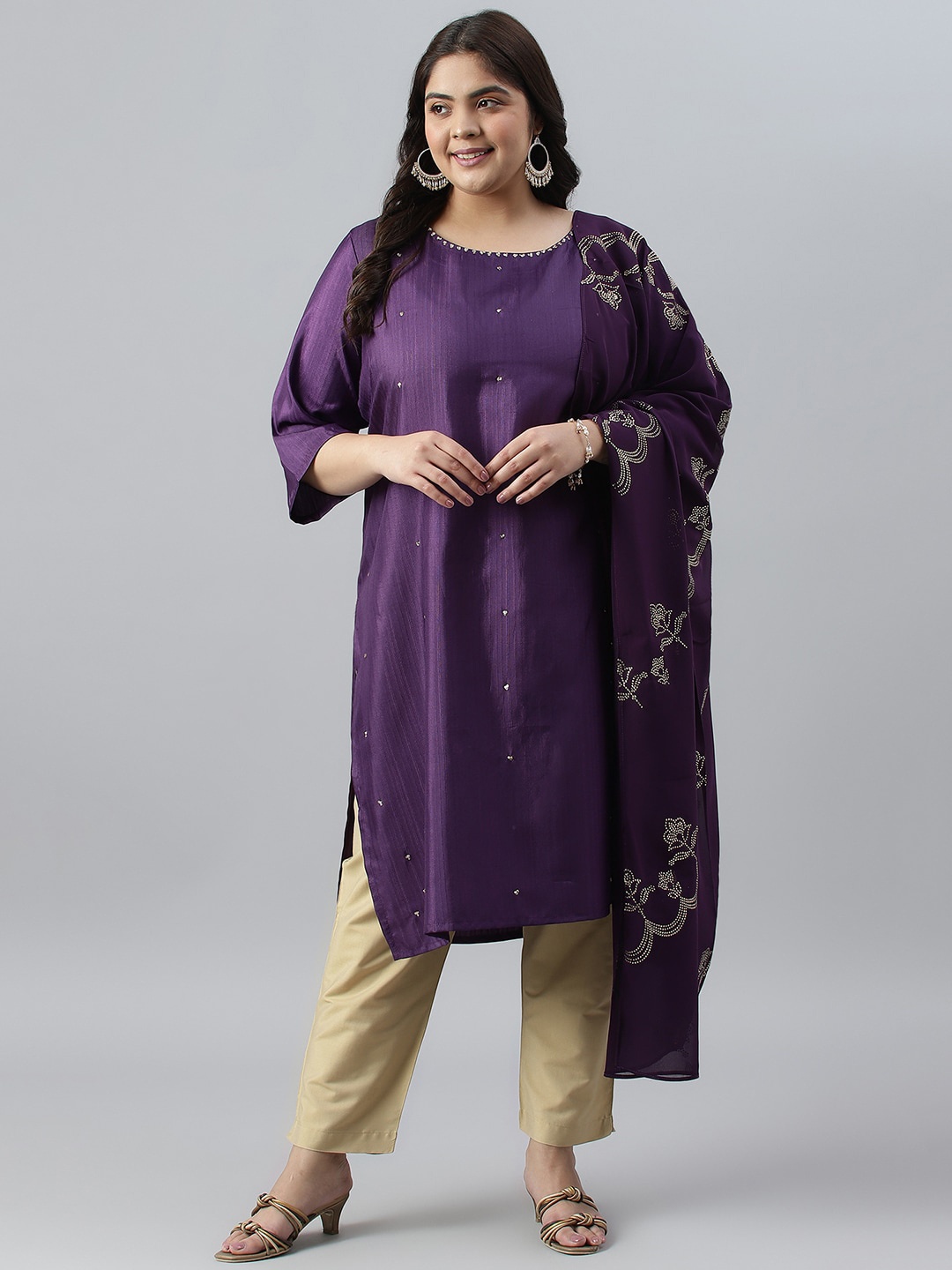 

W Women Floral Embroidered Sequinned Kurta with Trousers & With Dupatta, Purple
