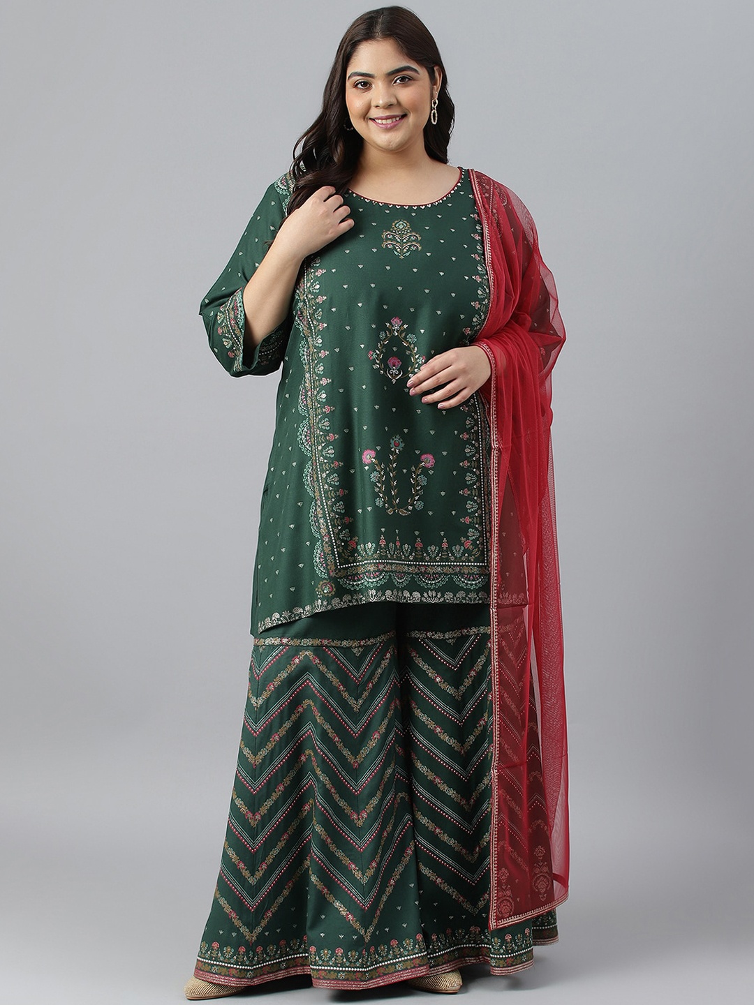 

W Women Floral Printed Sequinned Kurta with Sharara & With Dupatta, Green