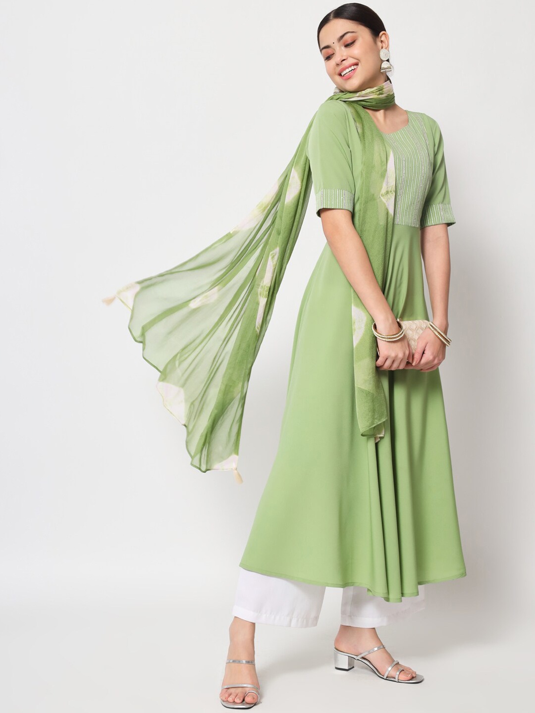 

FIORRA Anarkali Crepe Kurta With Dupatta, Green