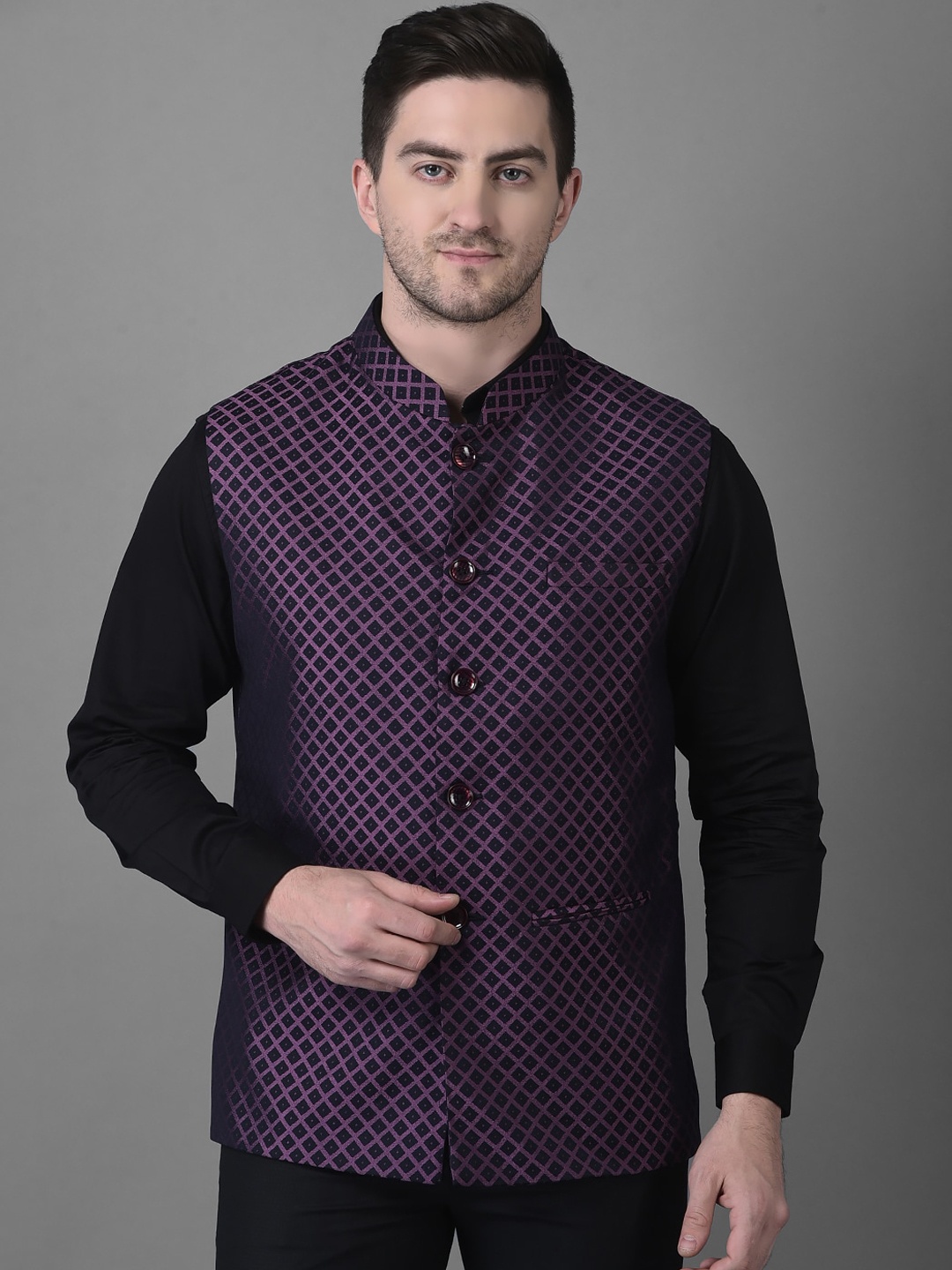 

Canary London Men Printed Slim Fit Nehru Jacket, Purple
