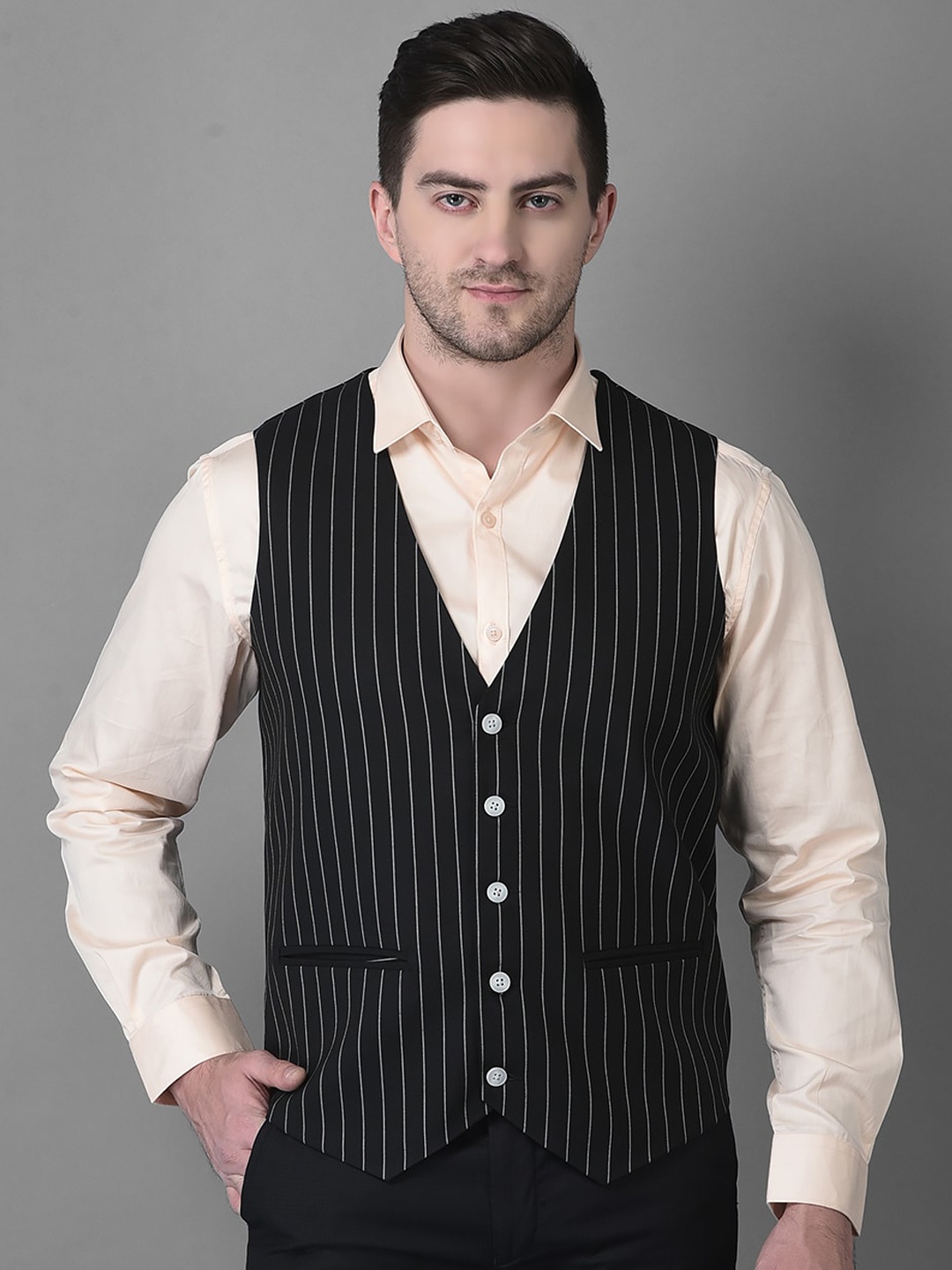 

Canary London Men Striped Woven Formal Waistcoat, Black
