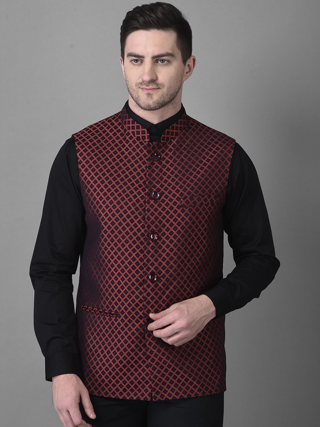 

Canary London Men Printed Slim Fit Nehru Jacket, Red