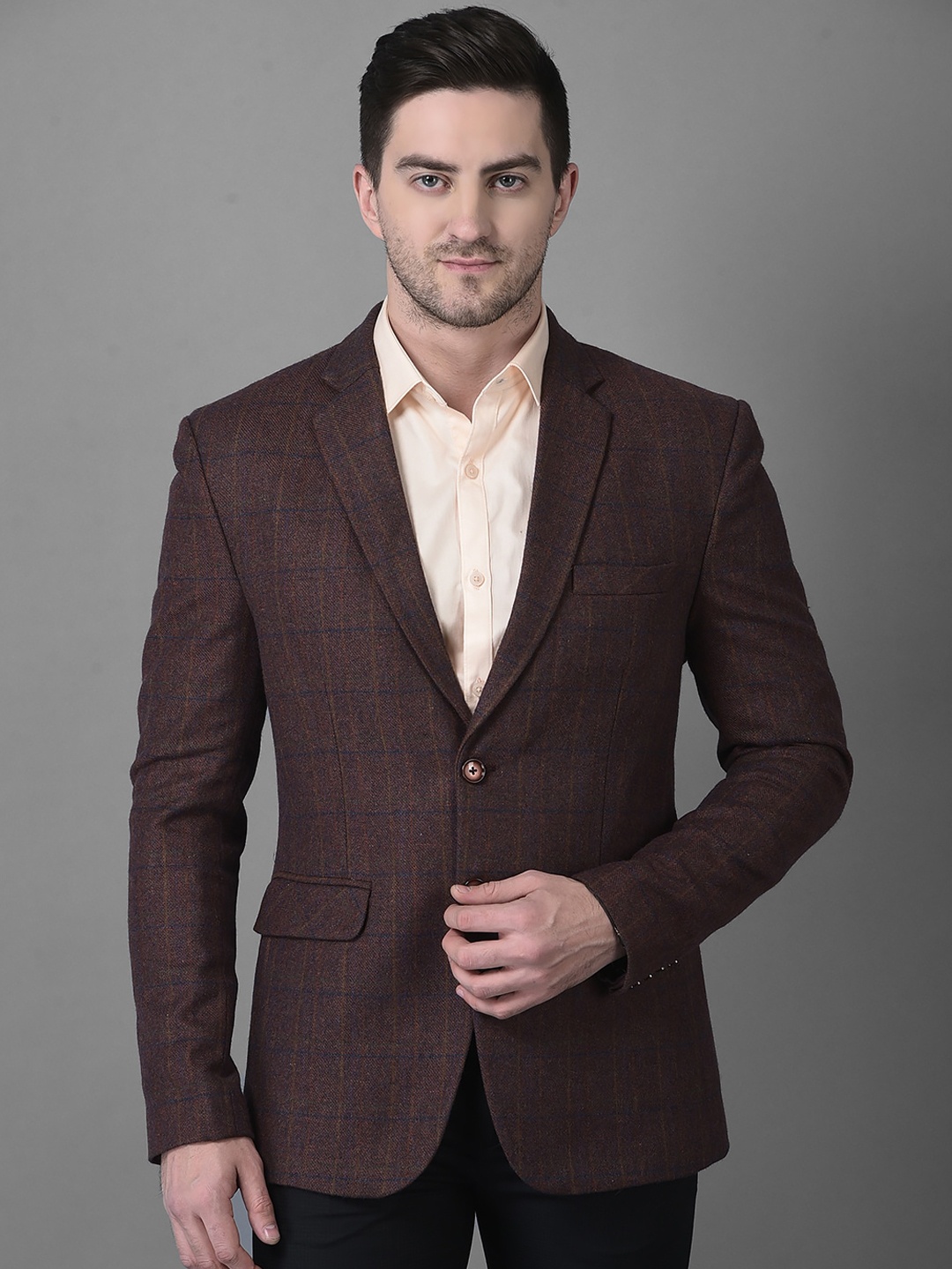

Canary London Men Checked Single-Breasted Slim-Fit Pure Wool Blazer, Brown