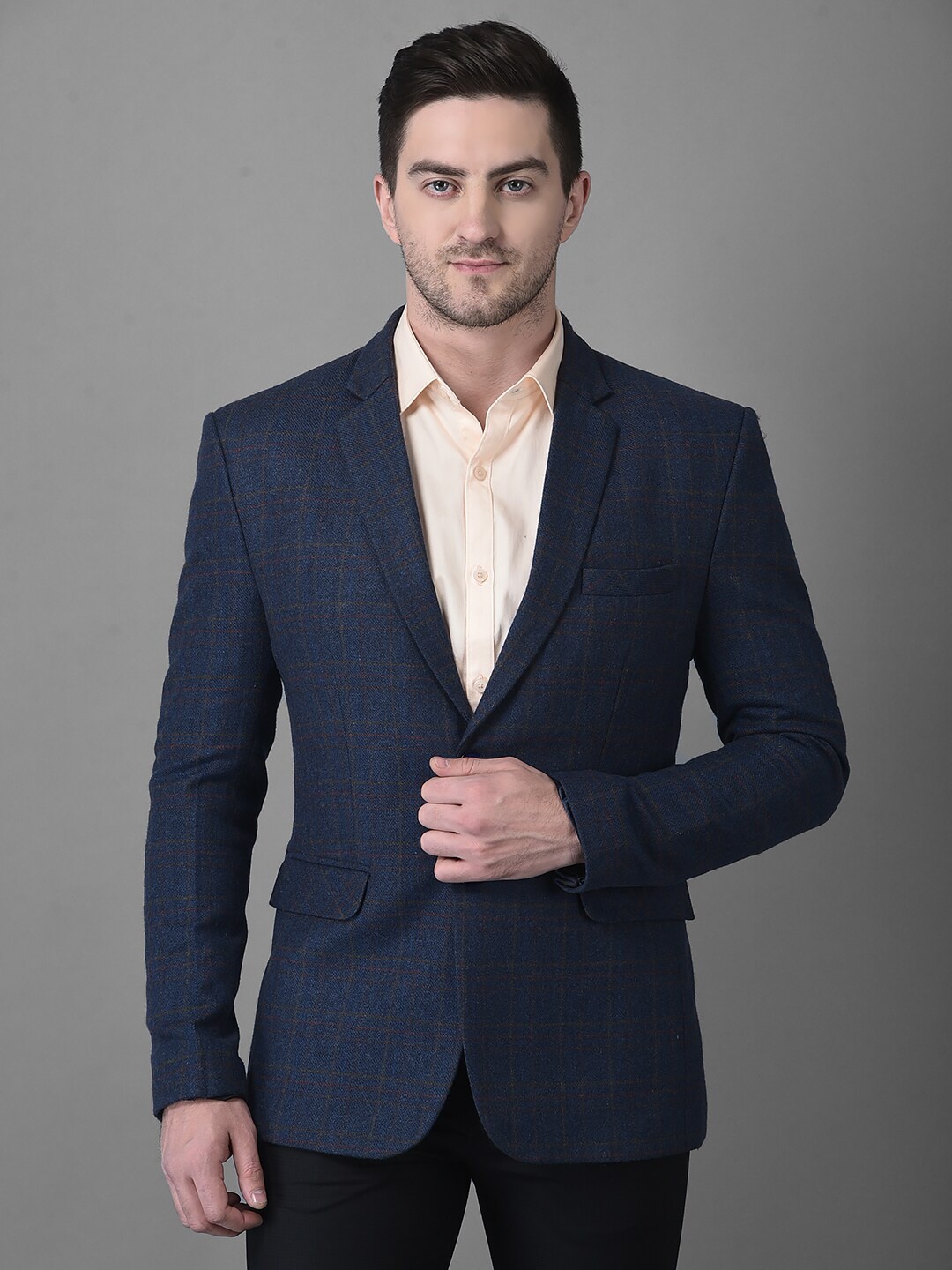 

Canary London Men Pure Wool Checked Single-Breasted Blazer, Navy blue