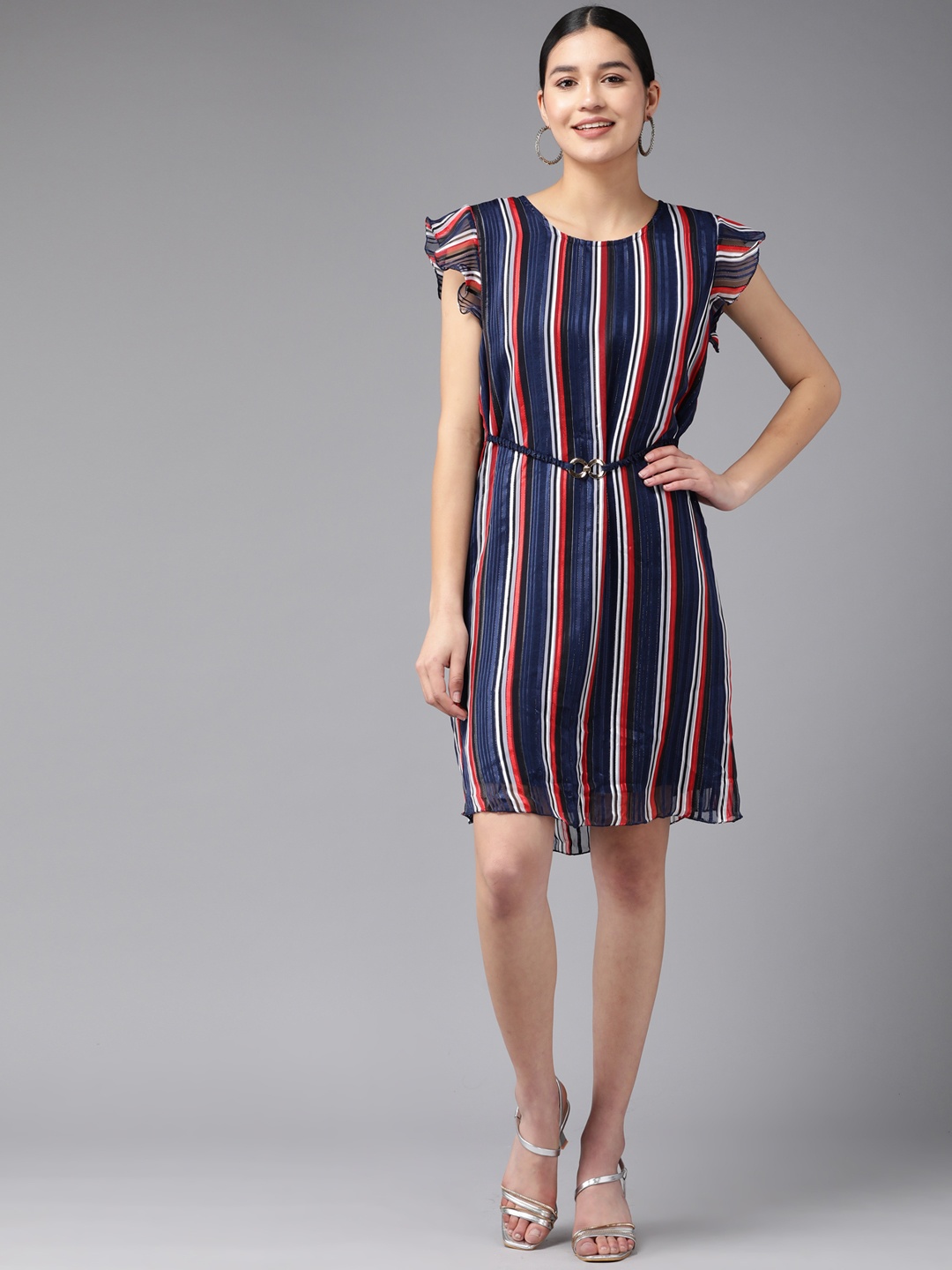 

Amirah s Navy Blue & White Striped Georgette A-Line Dress