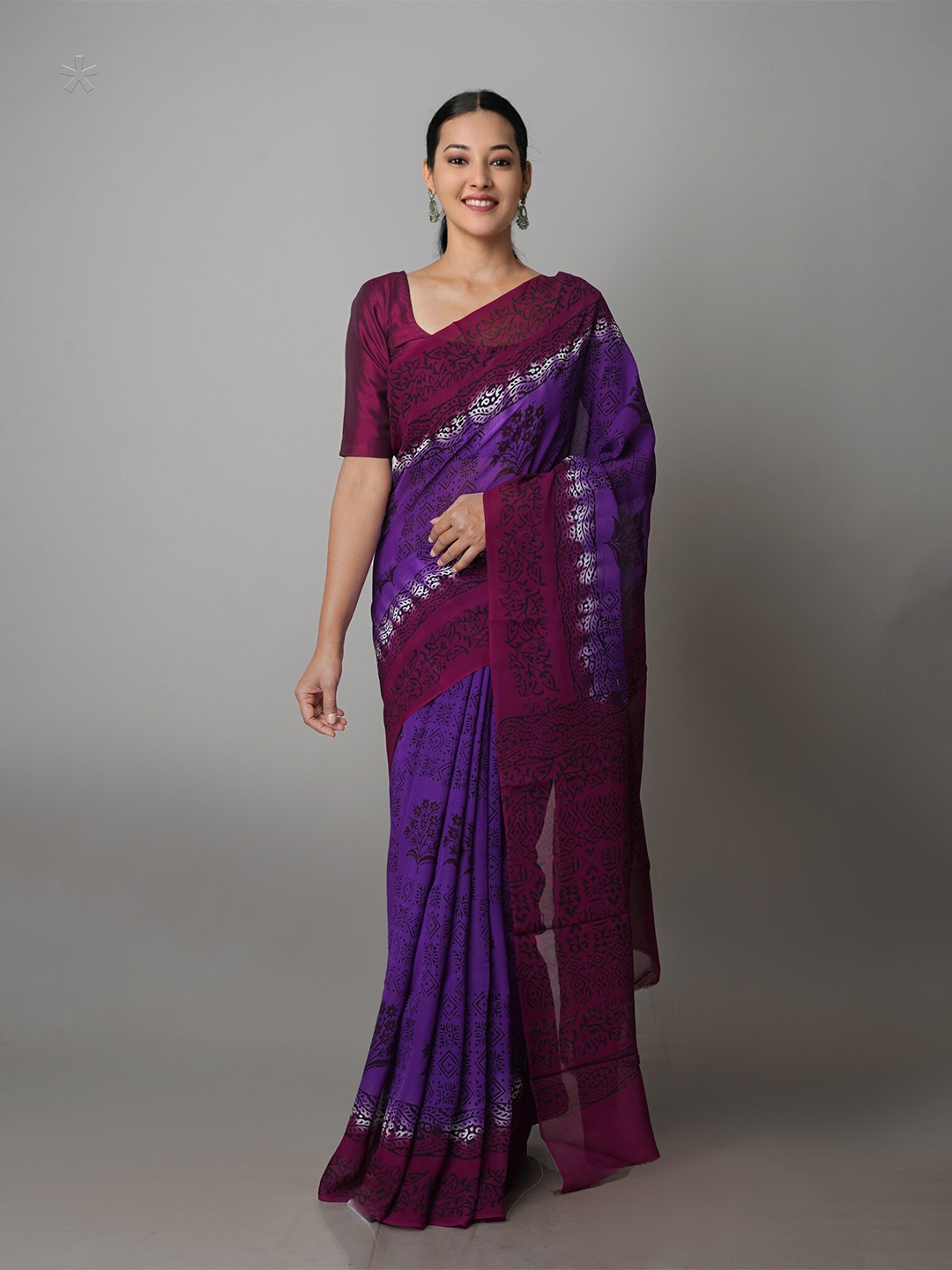 

Unnati Silks Ethnic Motifs Printed Block Print Saree, Purple