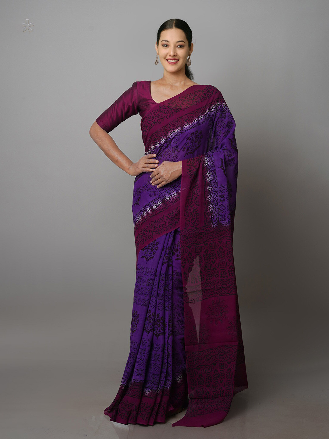 

Unnati Silks Ethnic Motifs Printed Block Print Saree, Purple