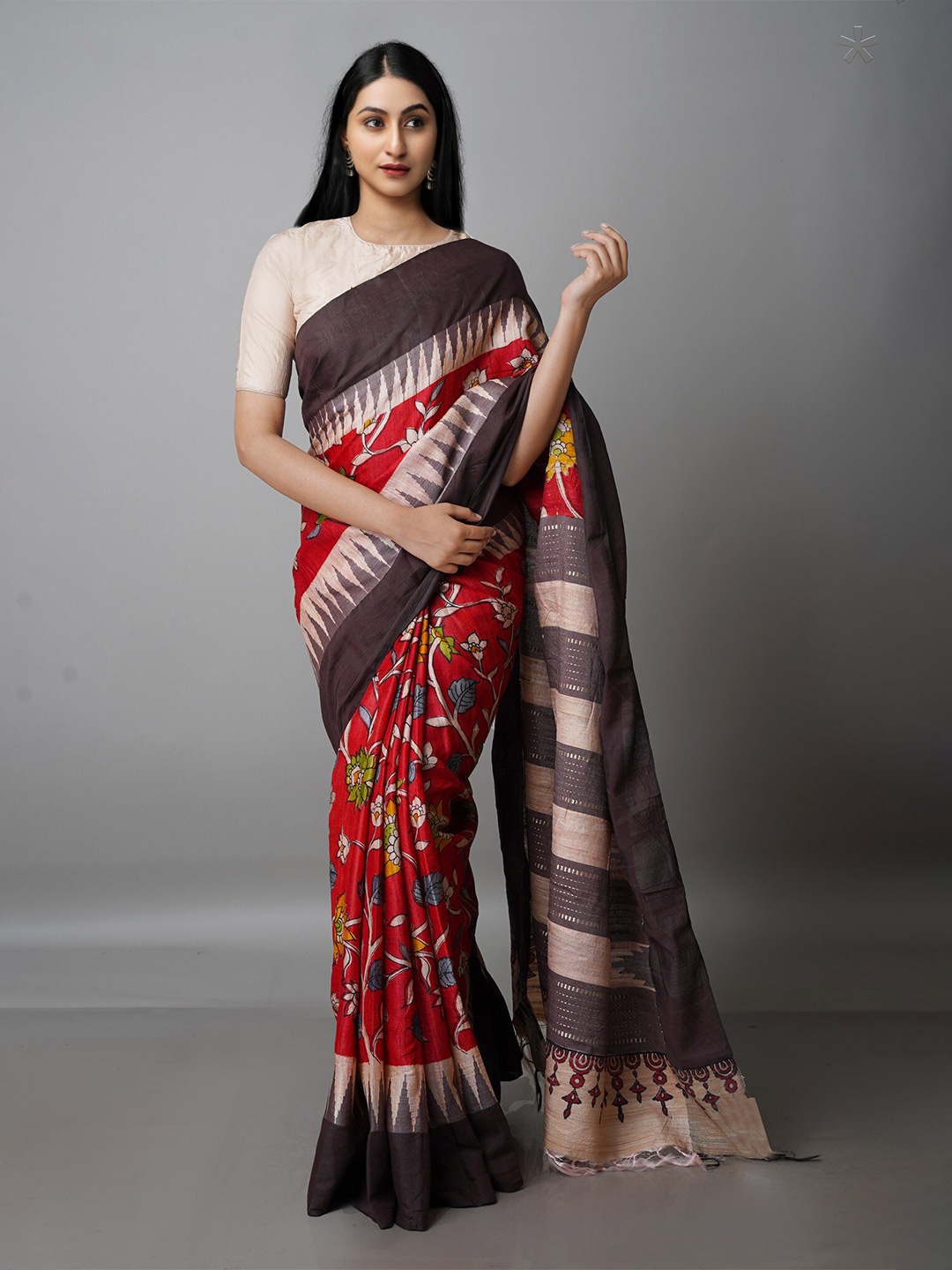 

Unnati Silks Kalamkari Printed Jute Silk Tussar Saree, Red