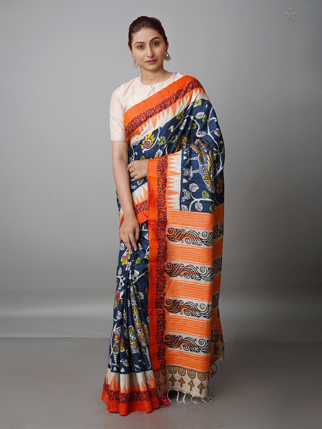 

Unnati Silks Kalamkari Printed Jute Silk Tussar Saree, Teal