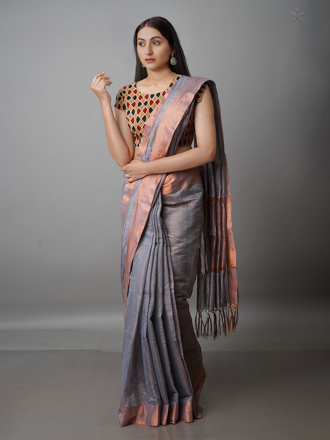 

Unnati Silks Zari Silk Cotton Chanderi Saree, Grey