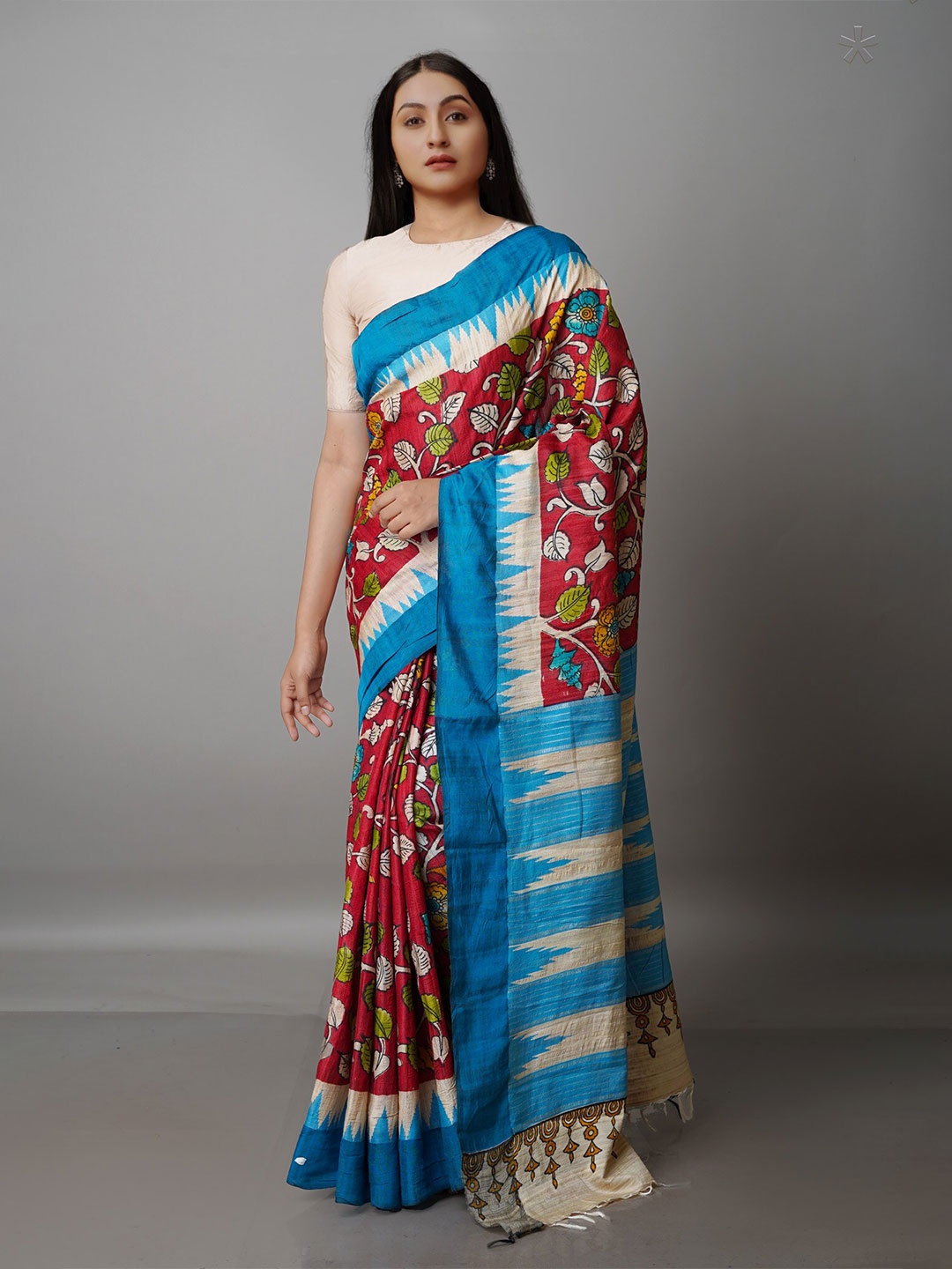

Unnati Silks Kalamkari Handloom Jute Silk Tussar Saree, Red