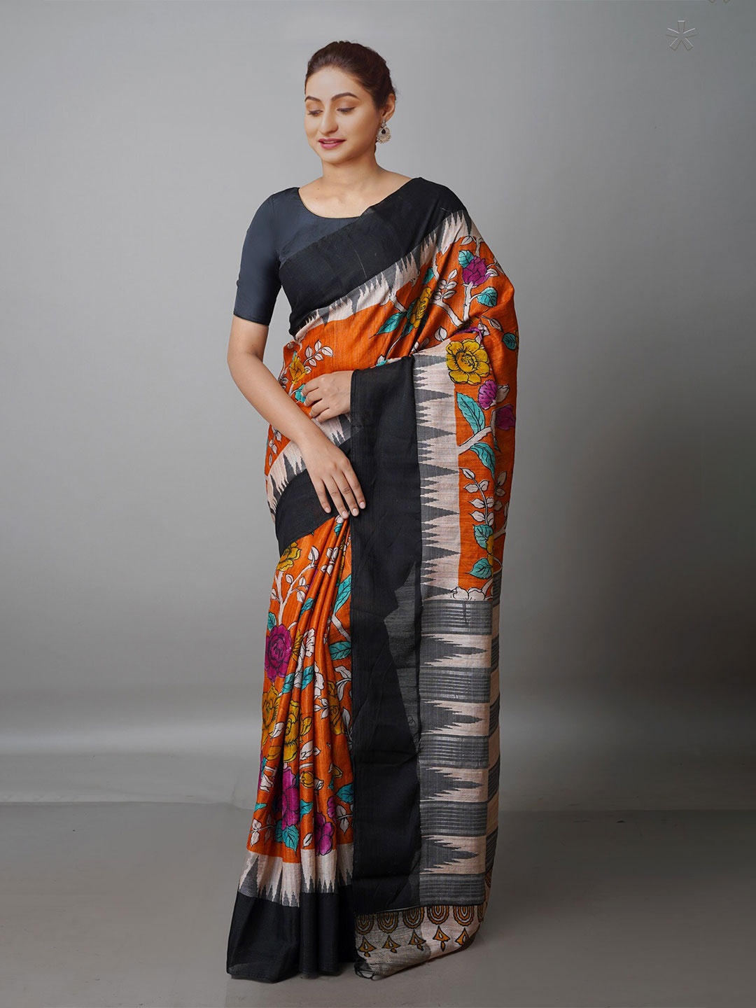 

Unnati Silks Kalamkari Handloom Jute Silk Tussar Saree, Orange