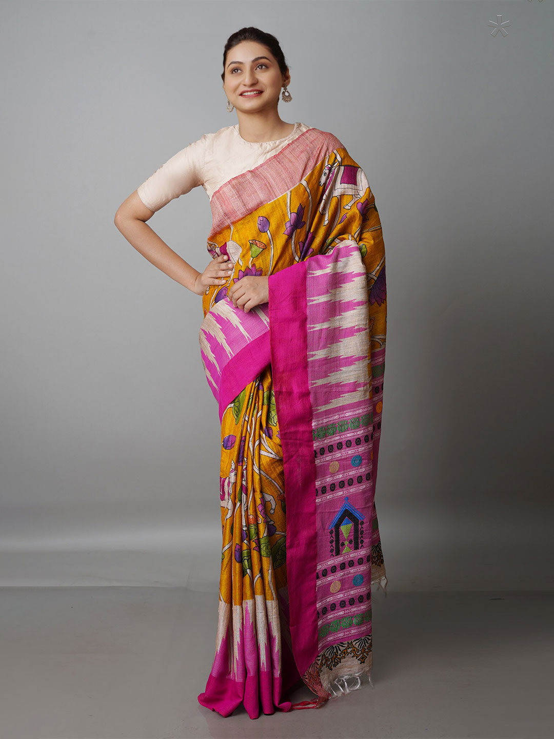 

Unnati Silks Kalamkari Handloom Jute Silk Tussar Saree, Yellow