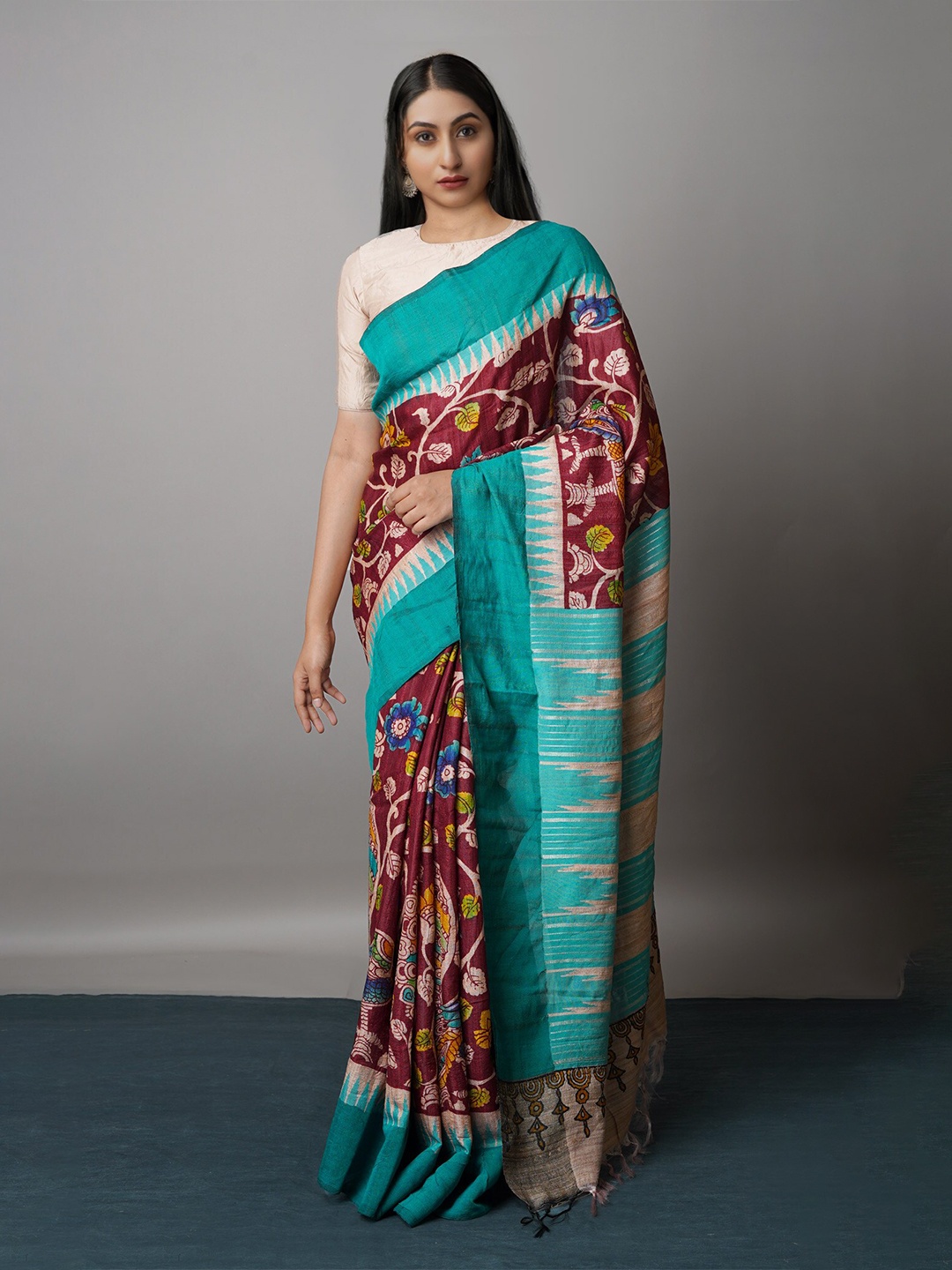 

Unnati Silks Kalamkari Handloom Jute Silk Tussar Saree, Maroon