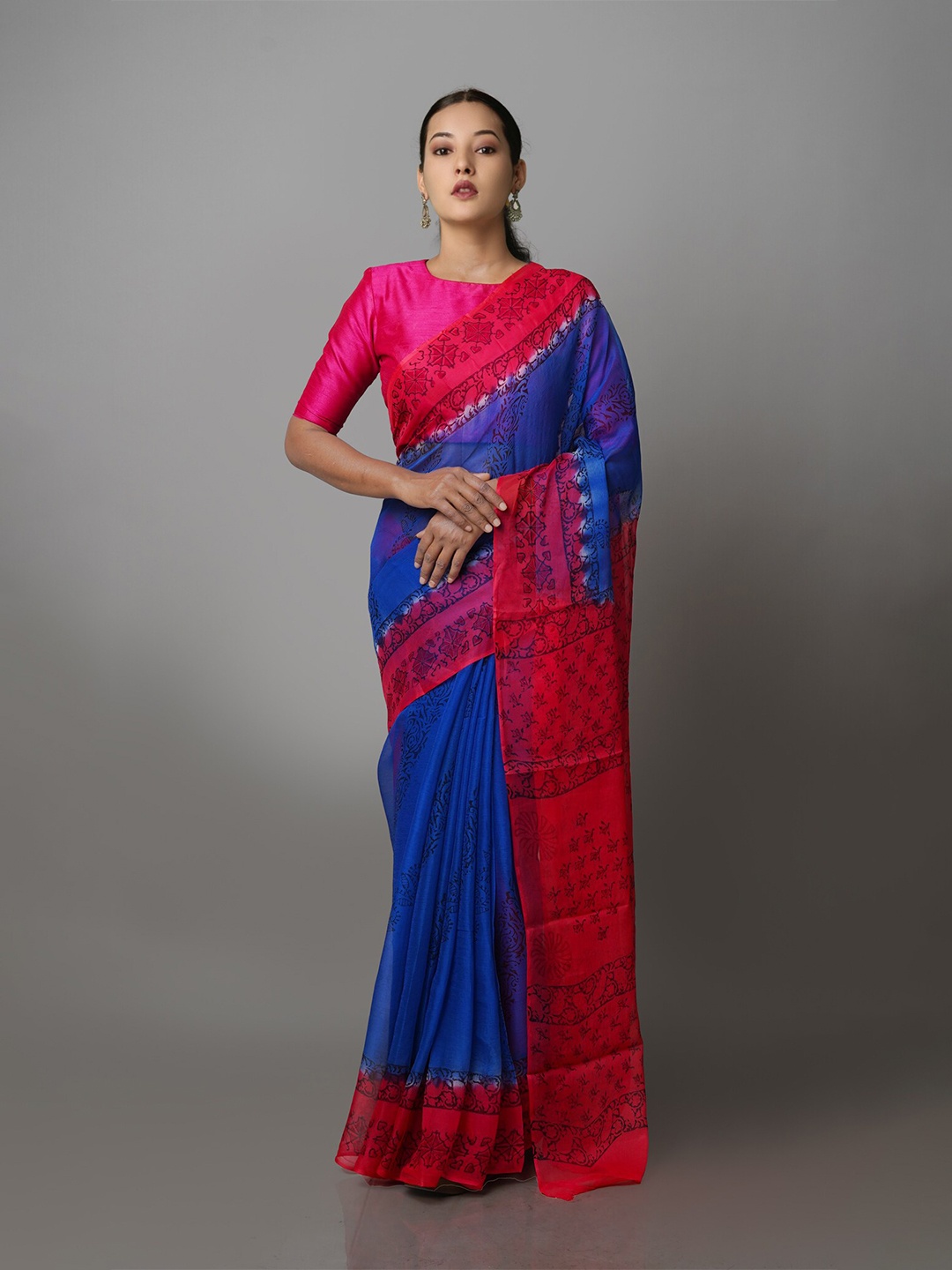 

Unnati Silks Ethnic Motifs Silk Blend Block Print Saree, Blue