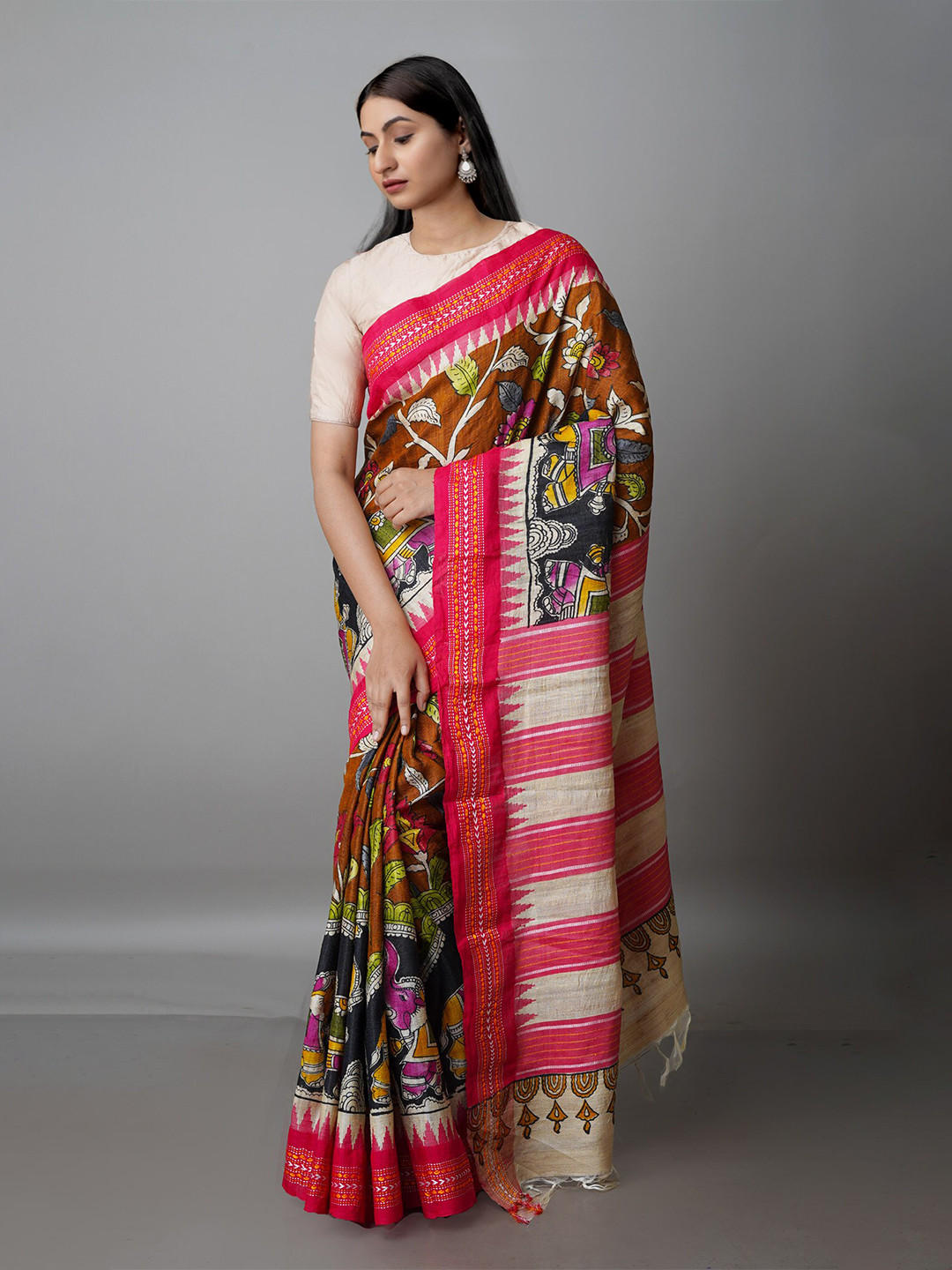 

Unnati Silks Kalamkari Handloom Jute Silk Tussar Saree, Brown