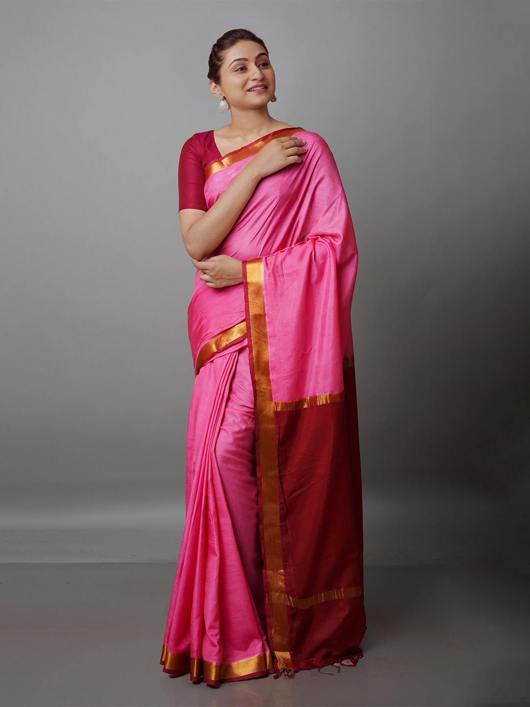 

Unnati Silks Zari Silk Blend Mangalagiri Saree, Pink
