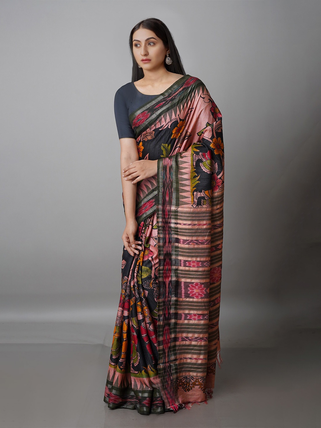 

Unnati Silks Kalamkari Jute Silk Tussar Saree, Pink