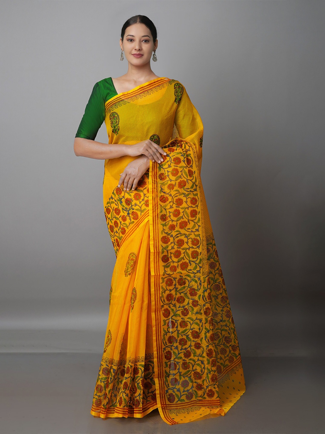 

Unnati Silks Floral Handloom Pure Cotton Kota Saree, Yellow