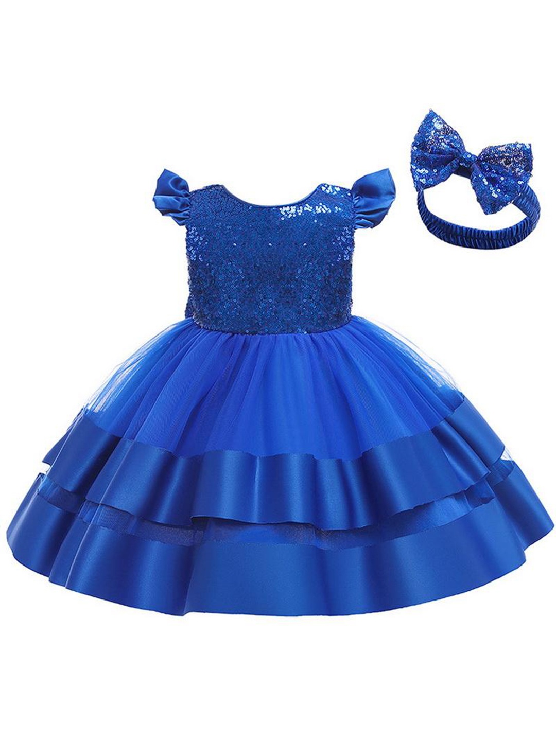 

R Cube Round Neck Embellished Satin Dress, Blue