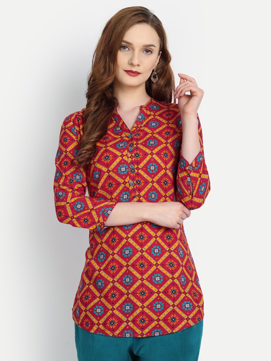 

SUTI Geometric Print Mandarin Collar Longline Top, Red