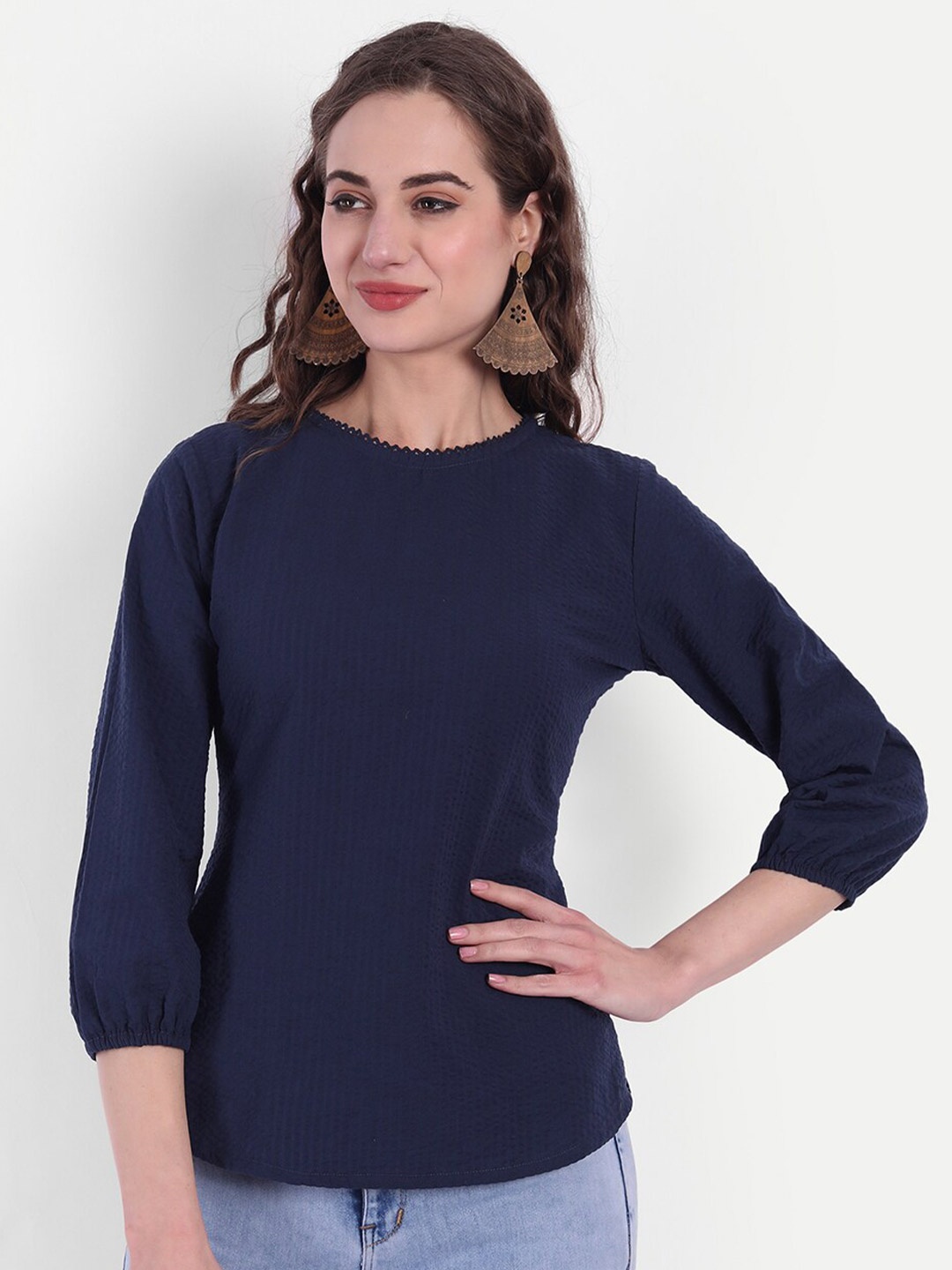 

SUTI Navy Round Neck Cotton Top, Navy blue