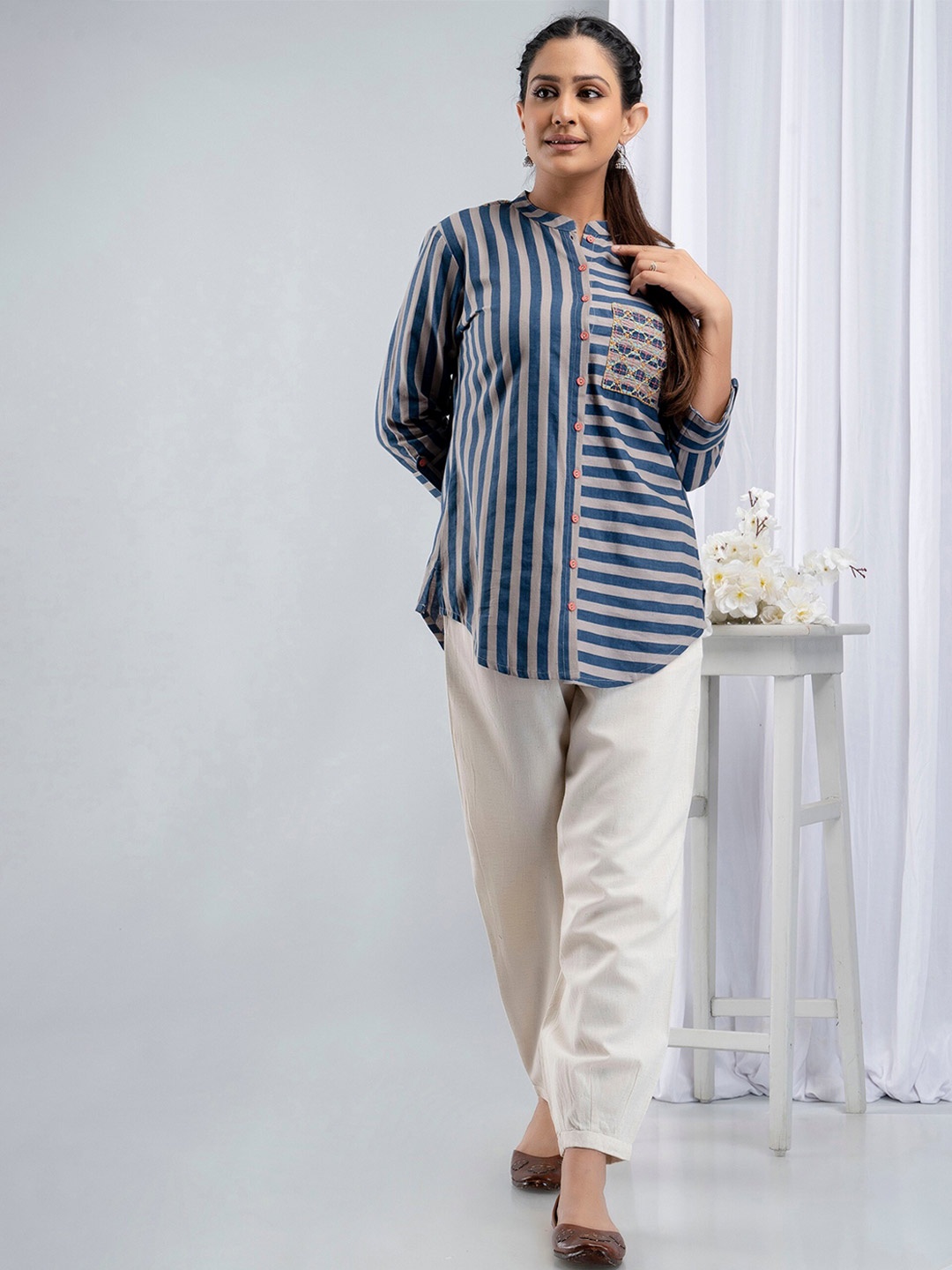 

SUTI Women Striped Embroidered Cotton Casual Shirt, Blue