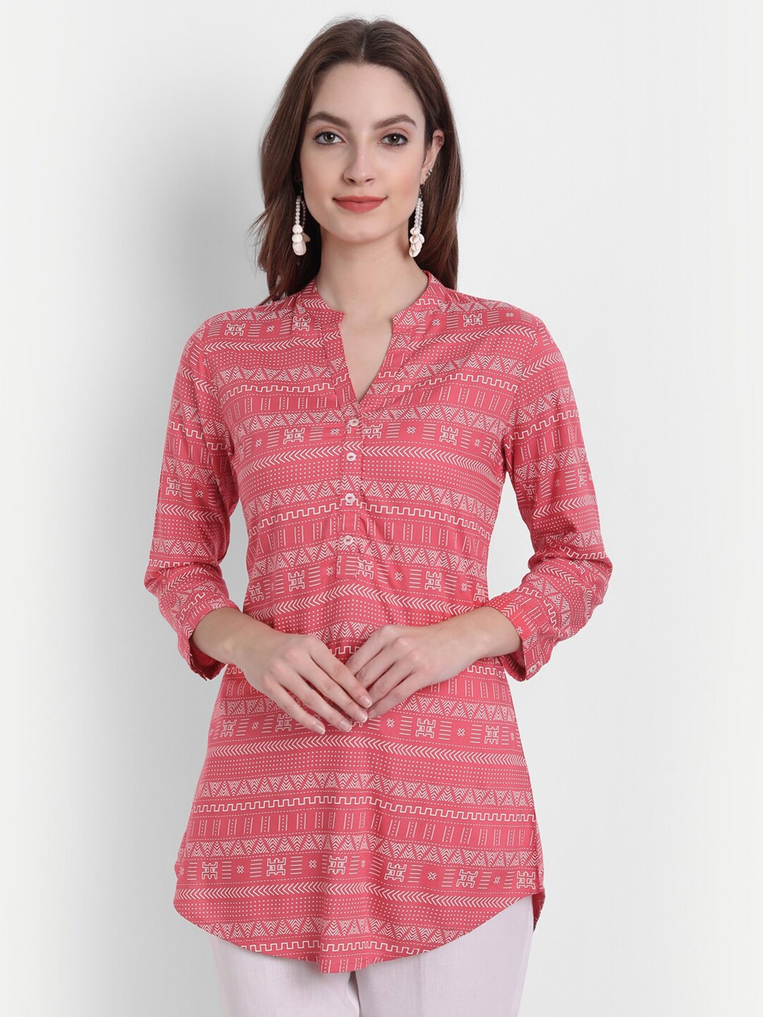 

SUTI Coral Print Mandarin Collar High-Low Top