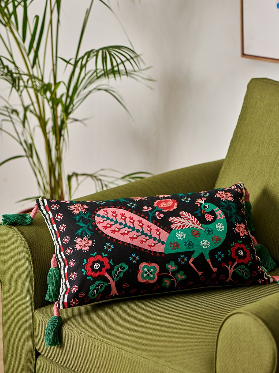 

Chumbak Black & Blue Embroidered Cotton Rectangle Cushion Cover