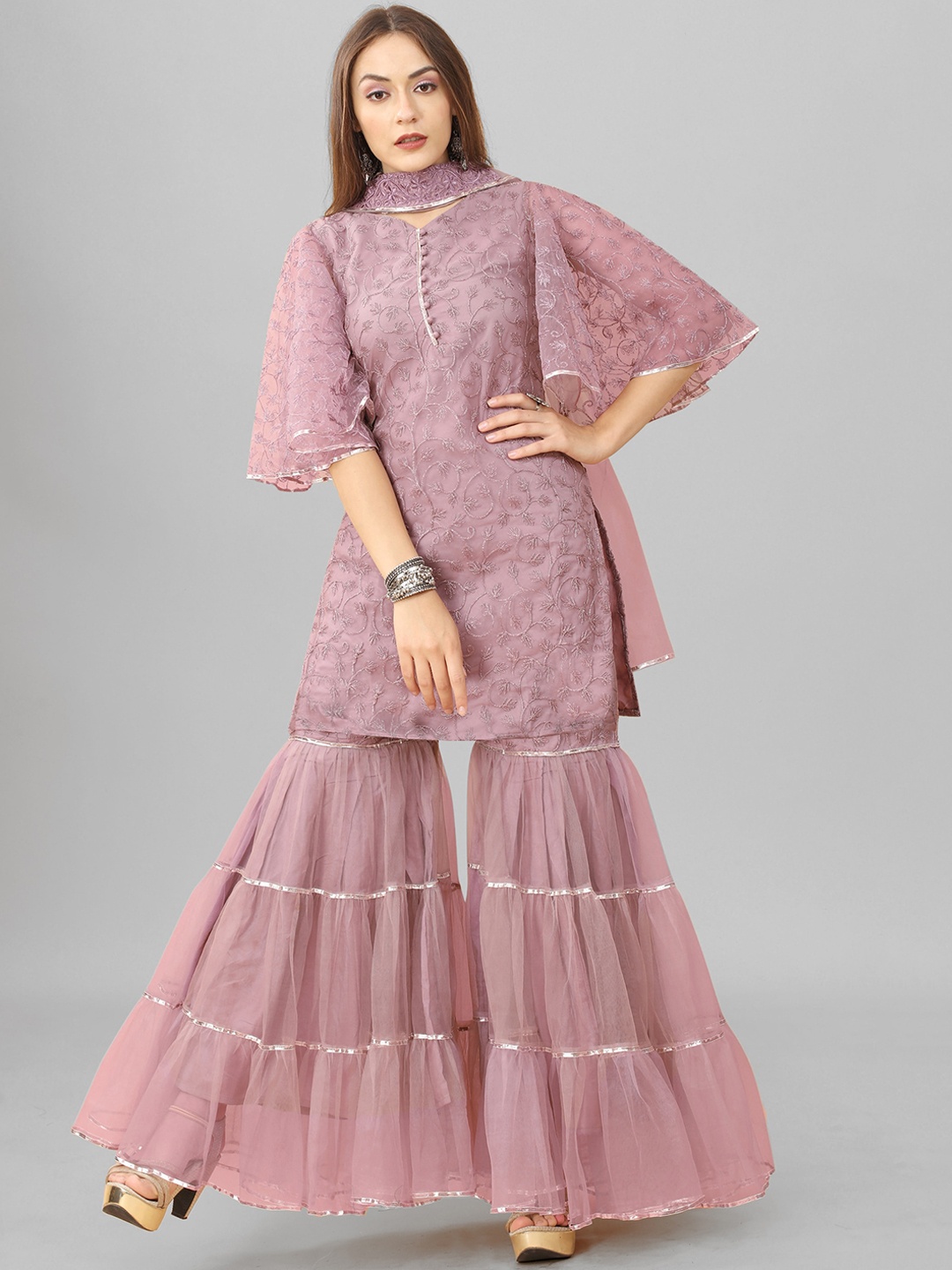 

ASPORA Floral Embroidered Gotta Patti Kurta with Sharara & With Dupatta, Purple