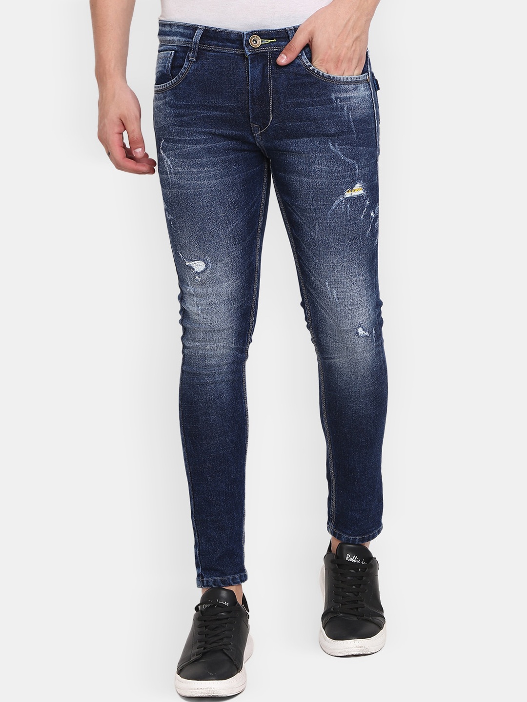 

V-Mart Men Classic Mildly Distressed Heavy Fade Cotton Jeans, Blue