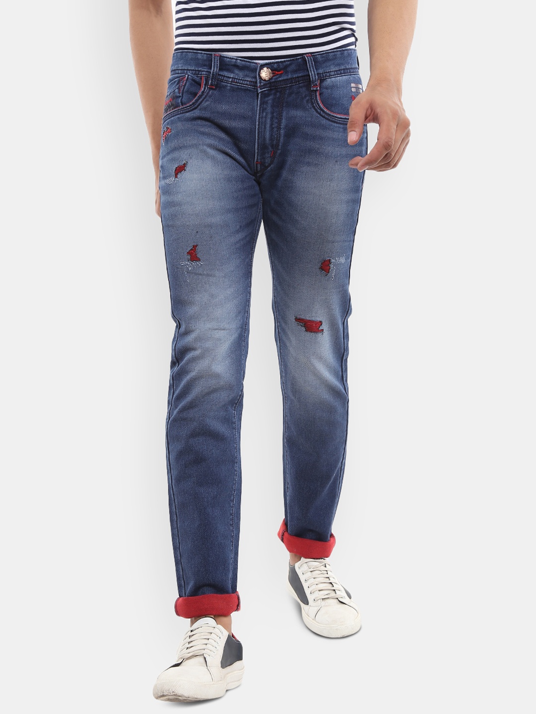 

V-Mart Men Classic Slim Fit Mildly Distressed Heavy Fade Jeans, Blue