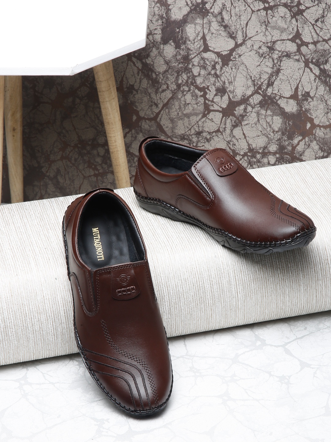 

MUTAQINOTI Men Textured Genuine Leather Formal Loafers, Brown