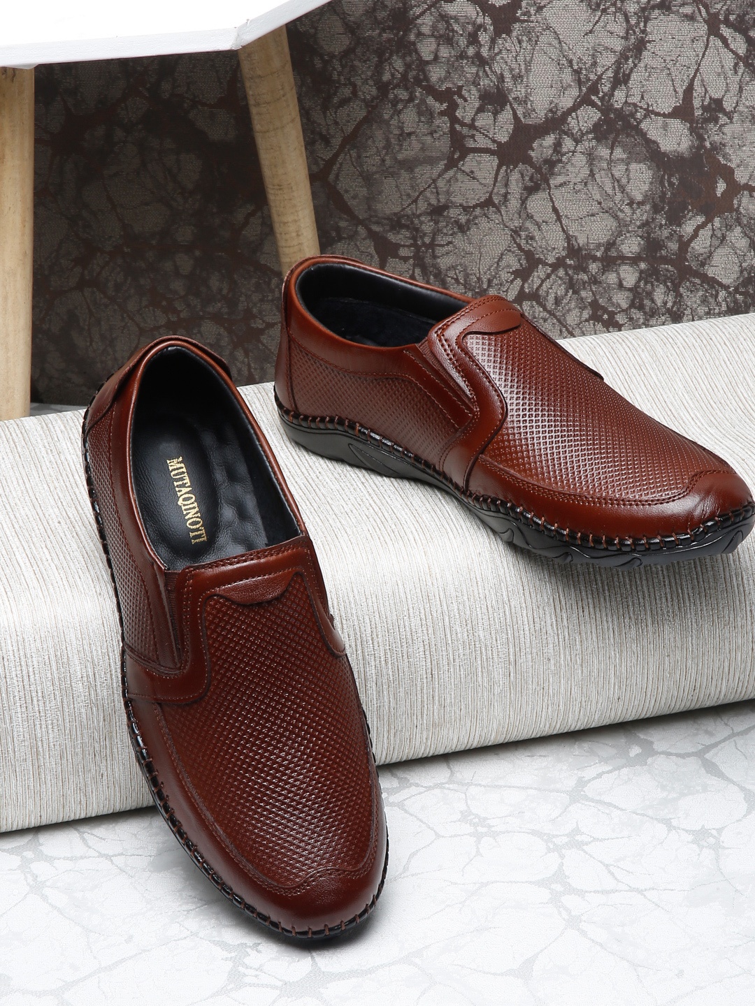 

MUTAQINOTI Men Textured Genuine Leather Formal Loafers, Tan