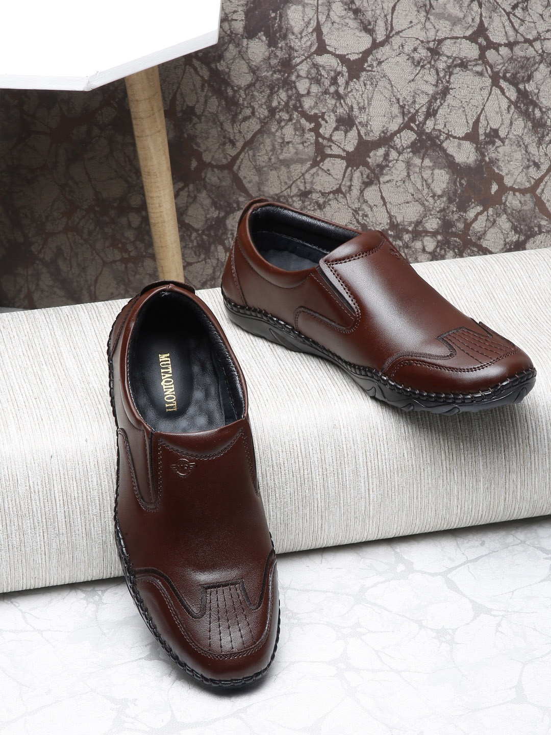 

MUTAQINOTI Men Textured Genuine Leather Formal Loafers, Brown