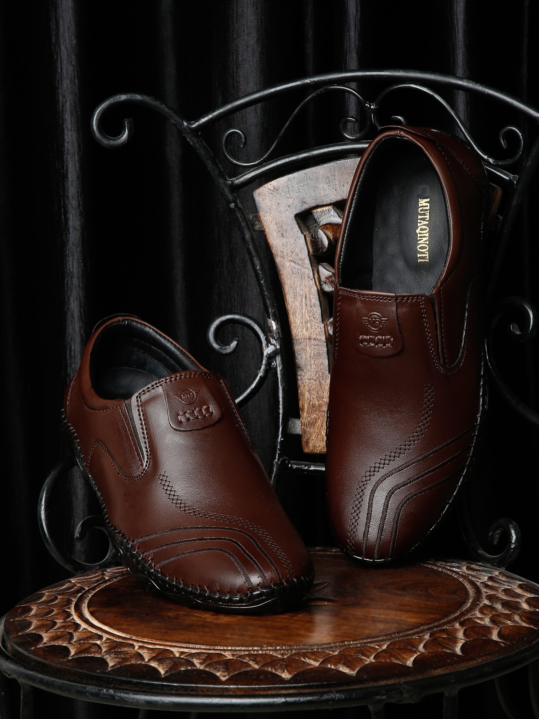 

MUTAQINOTI Men Textured Genuine Leather Formal Loafers, Brown