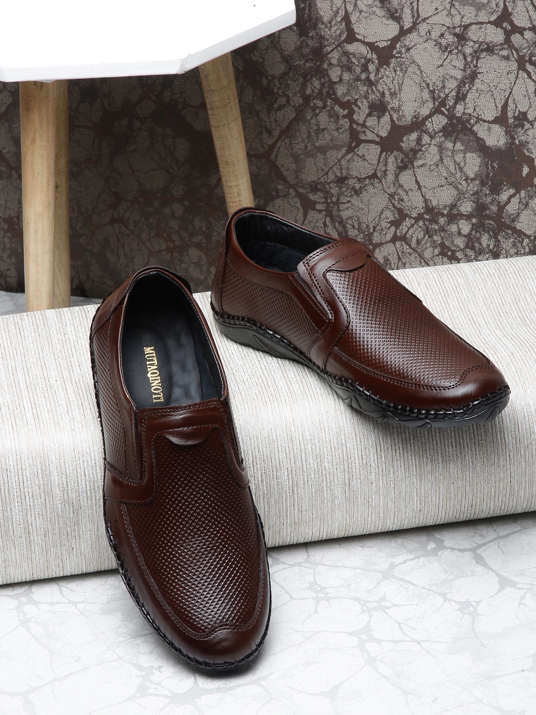 

MUTAQINOTI Men Textured Genuine Leather Formal Loafers, Brown