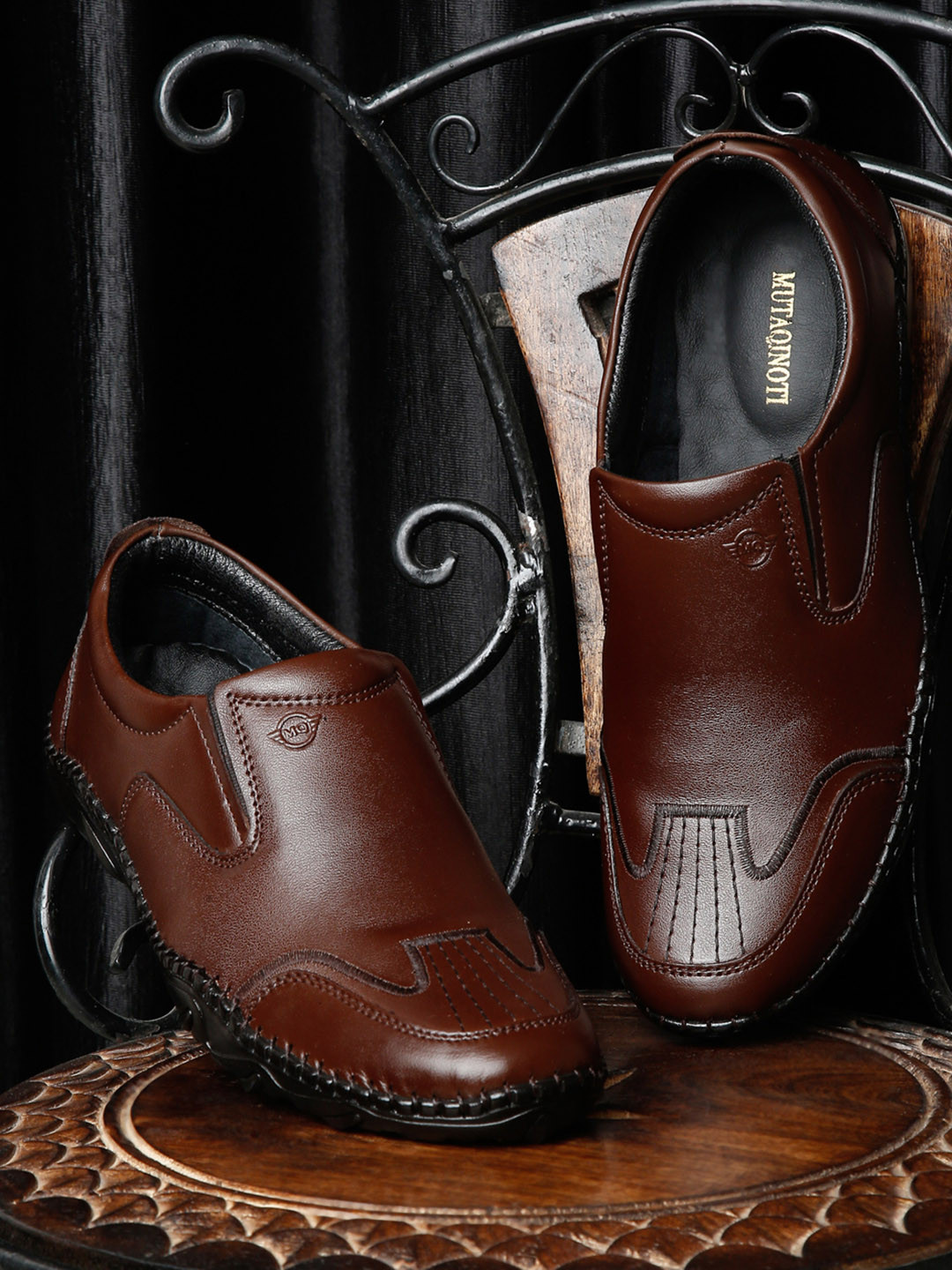 

MUTAQINOTI Men Textured Genuine Leather Formal Loafers, Brown