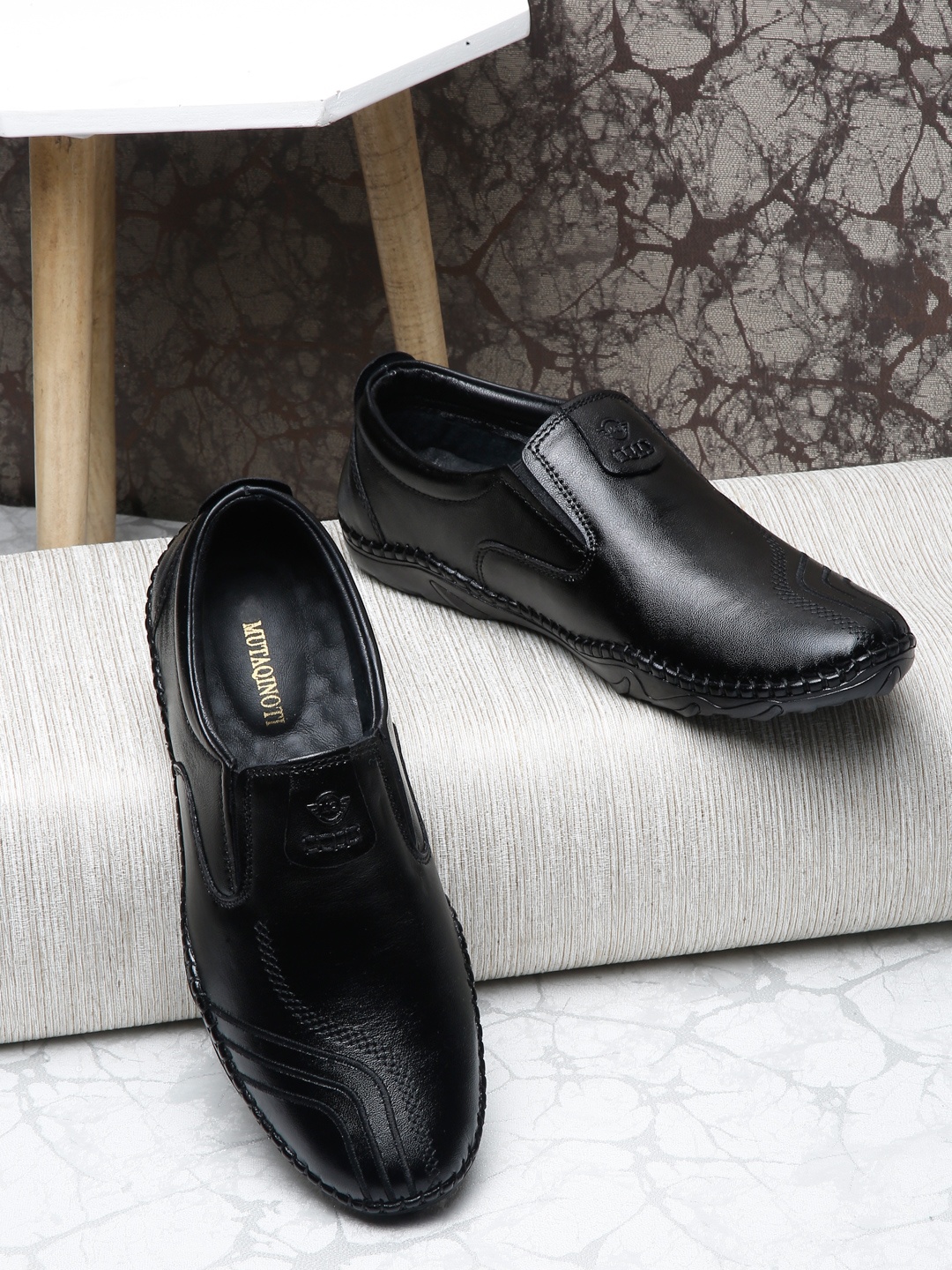 

MUTAQINOTI Men Textured Genuine Leather Formal Loafers, Black