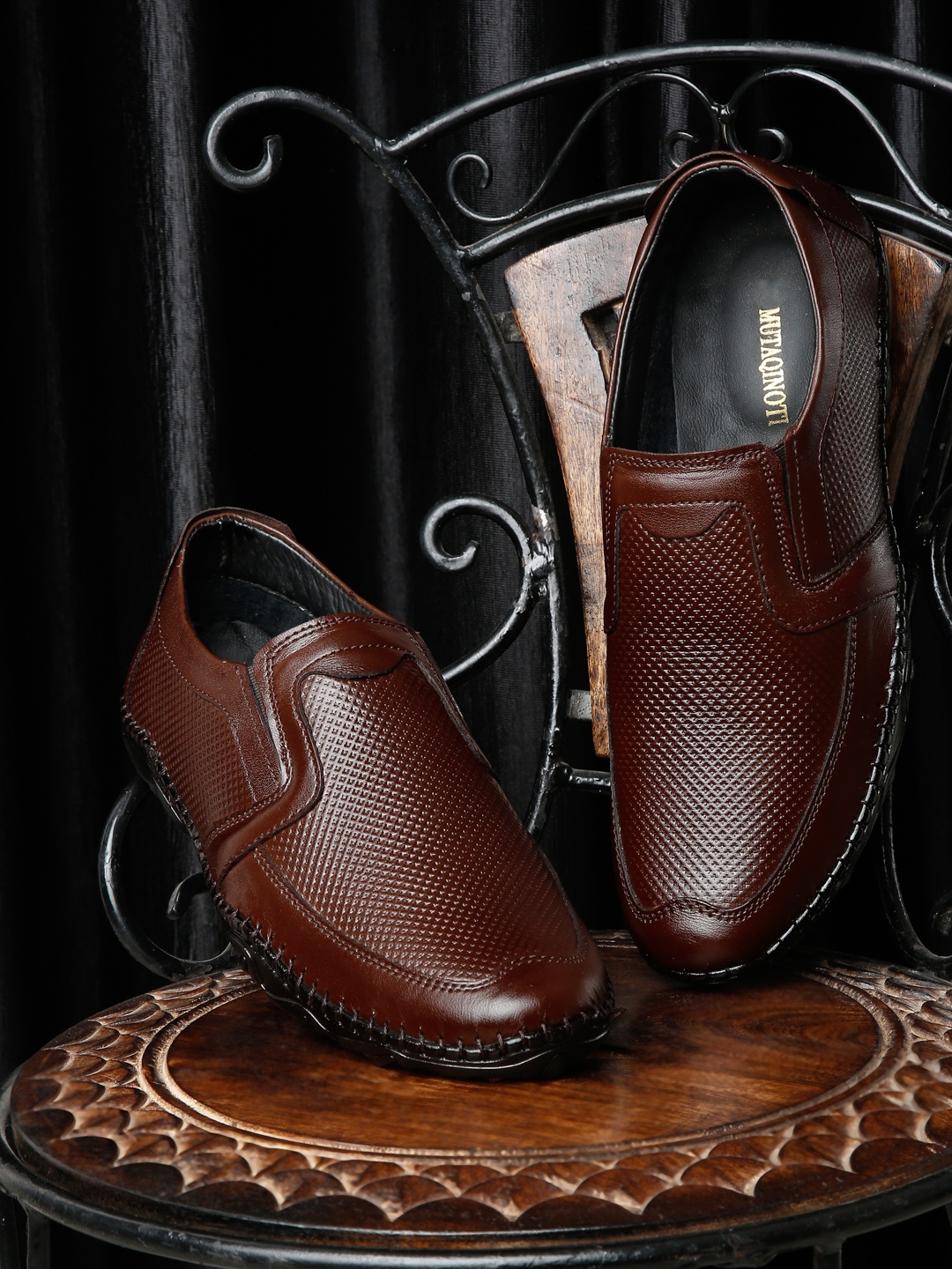 

MUTAQINOTI Men Textured Genuine Leather Formal Loafers, Brown