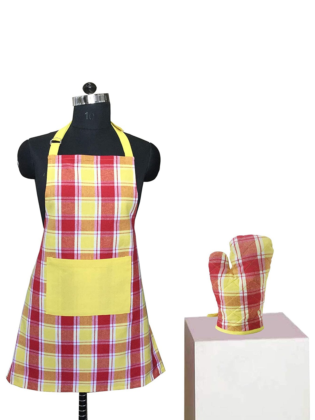 

Lushomes Red & Yellow Checked Cotton Kitchen Apron With Gloves